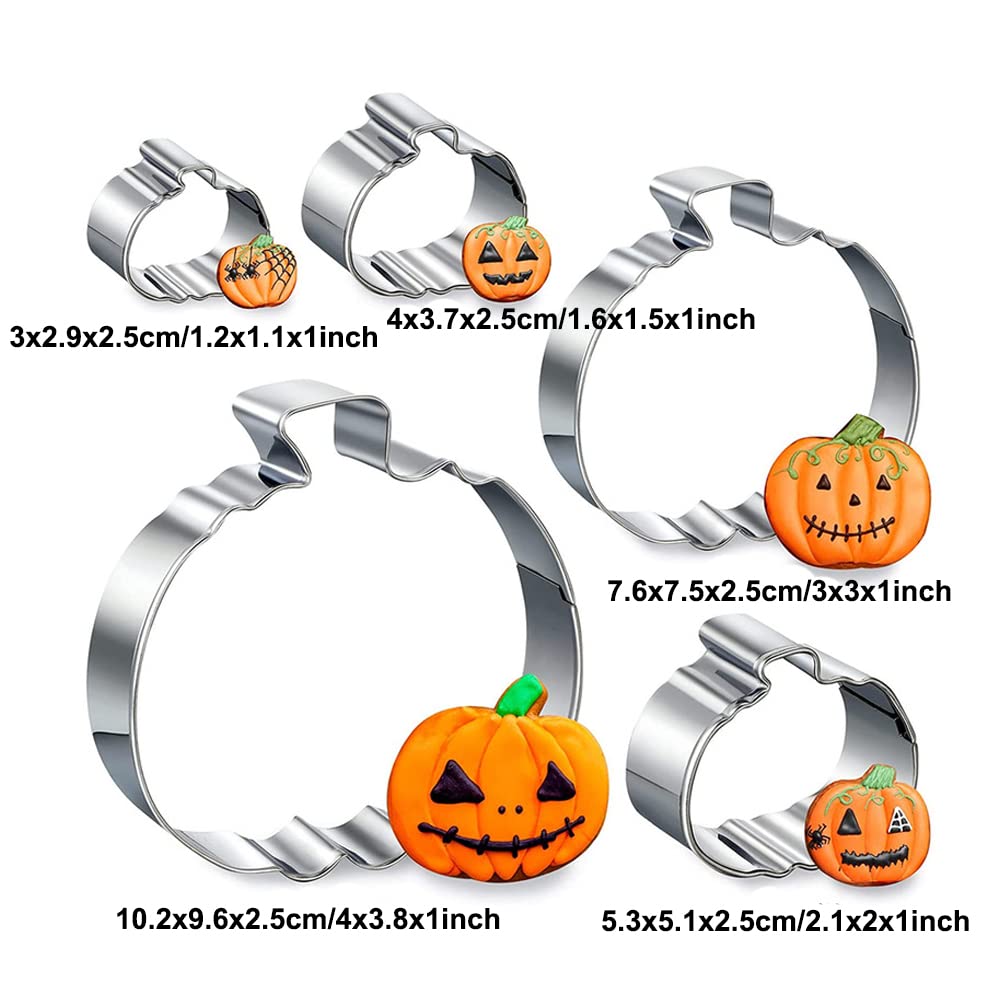 Pumpkin Cookie Cutters Set - 5 Pieces Different Sizes Pumpkin Shapes Stainless Steel Fondant Cutters Mold For Halloween & Fall T