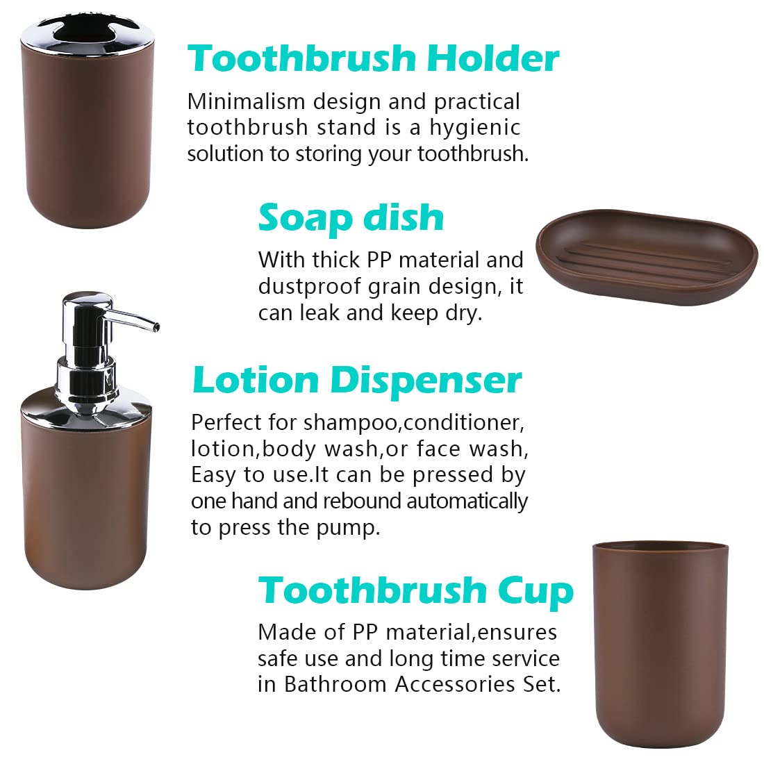 Papillon Bathroom Accessories Set-6 Piece Plastic Gift Set Toothbrush Holder,Toothbrush Cup,Soap Dispenser,Soap Dish,Toilet Brus