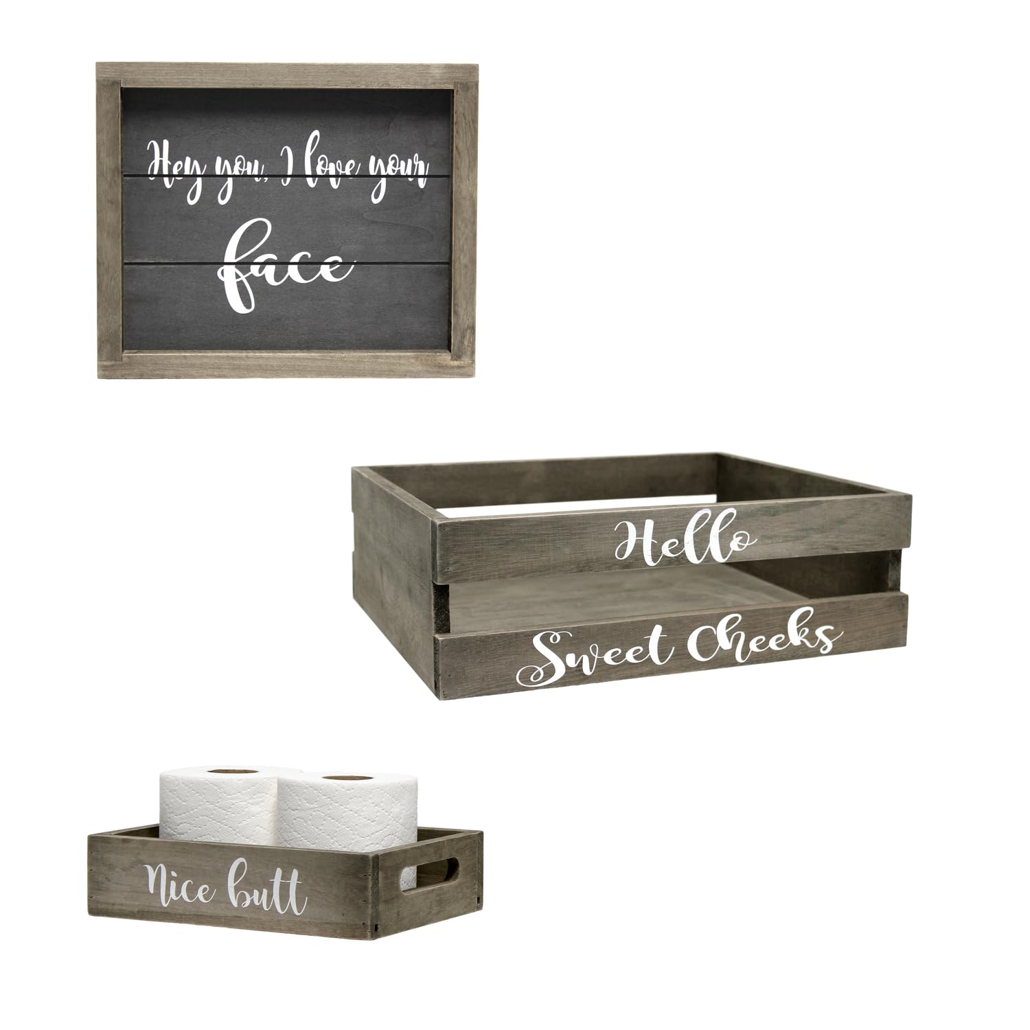 Elegant Designs HG3100-RGC Three Piece Decorative Wood Bathroom Set Rustic Gray Black White Saying Towel and Toilet Paper Storag