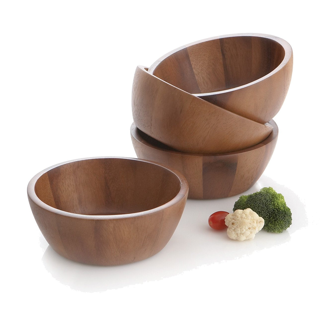 Woodard & Charles Set Of 4 Acacia Wood Individual Serving Bowls For Salads, Fruits, Snacks, Nuts, Candy, 6 1/2'' X 2 1/2''