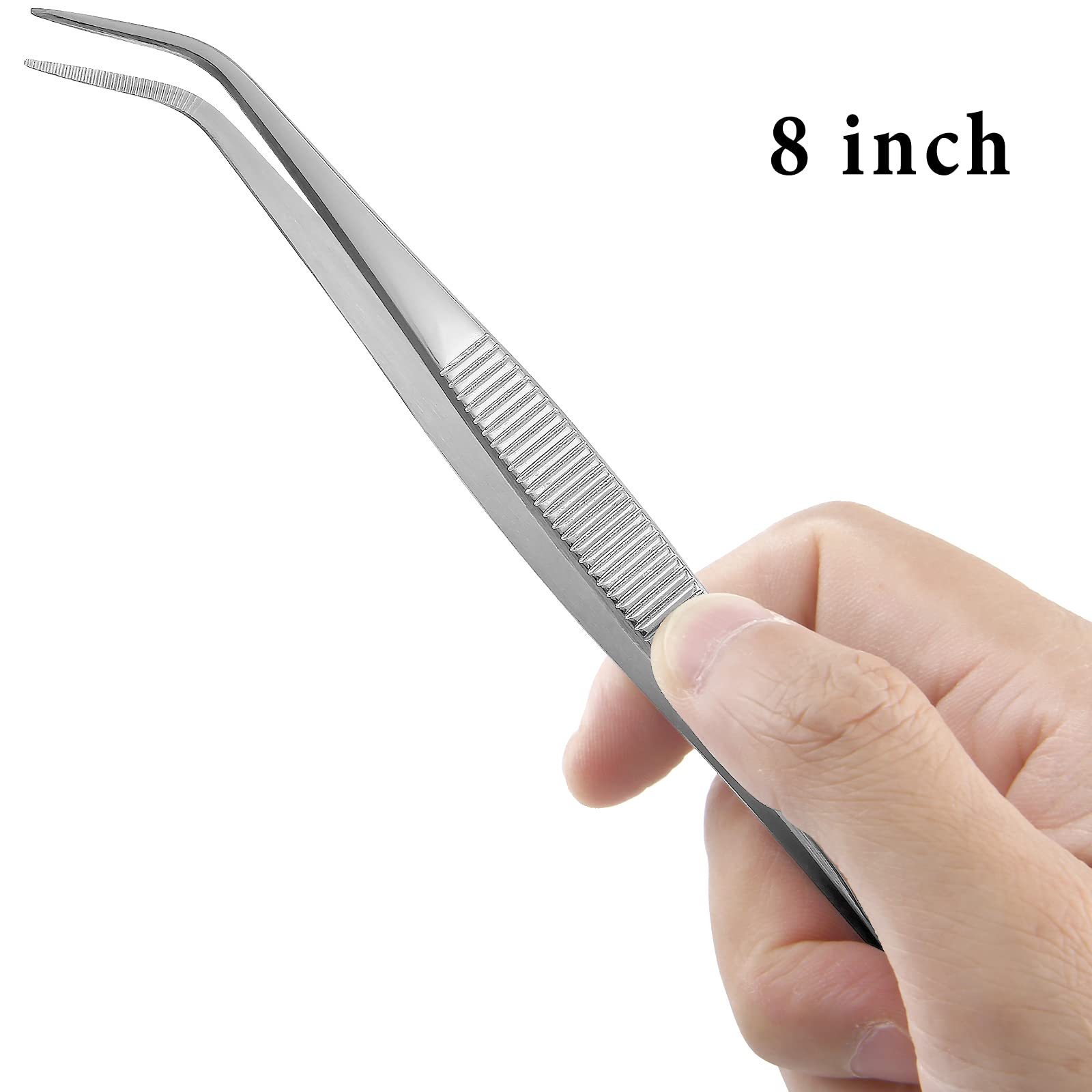 Suiwotin 2Pcs 8 Inch Stainless Steel Tweezers With Curved Serrated Tip Heavy Duty Tweezer Tongs For Cooking Crafting Repairing