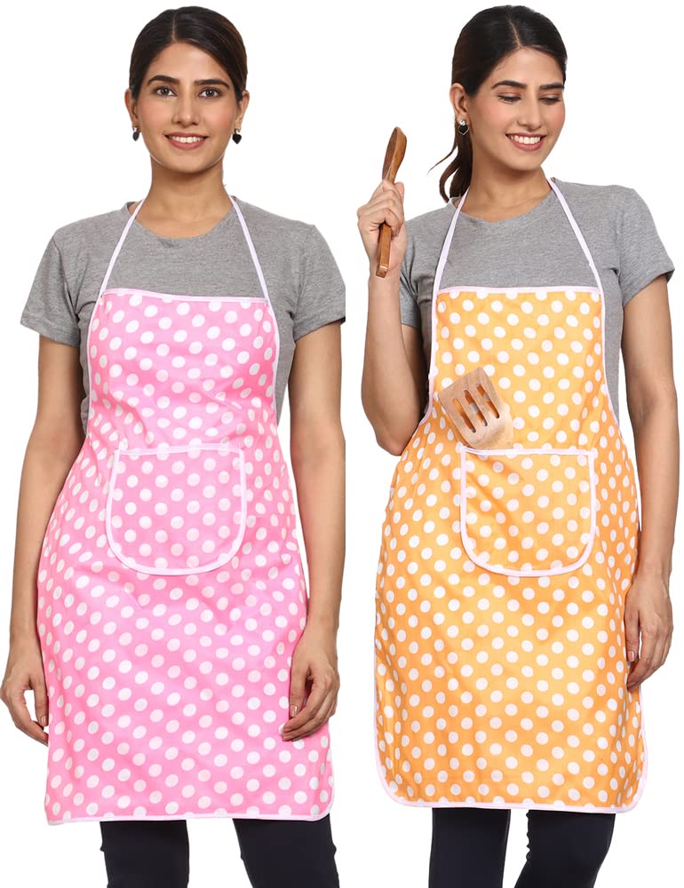 Jmi Polyester Fabric Polka Dot Waterproof Apron With Long Ties & Multipurpose Large Pocket Free Size For Cooking Dusting Home Ki