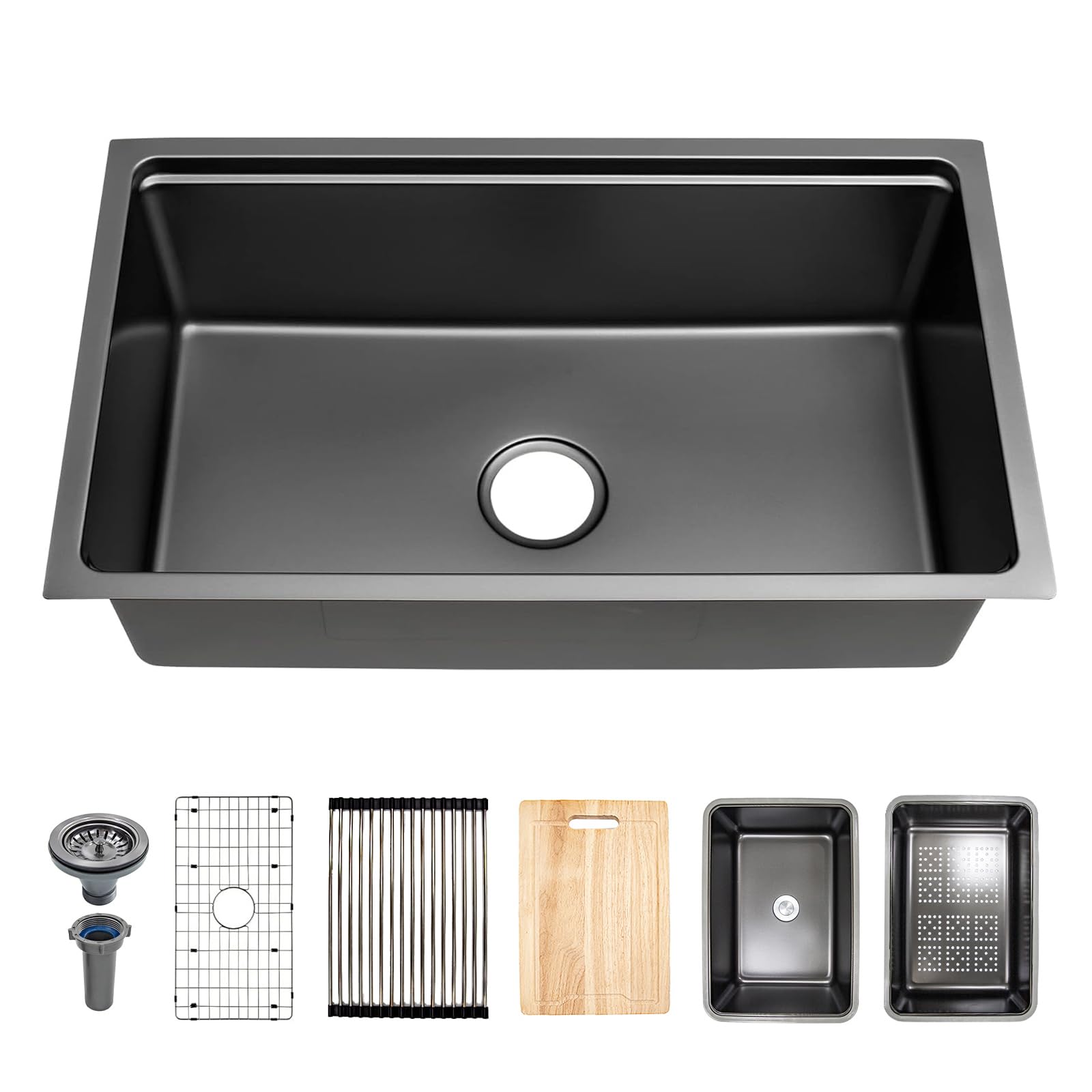 GZOII Black Kitchen Sink, 32 Inch Stainless Steel 32  18   9 Undermount Single Bowl Workstation Black Kitchen Sink with Ac