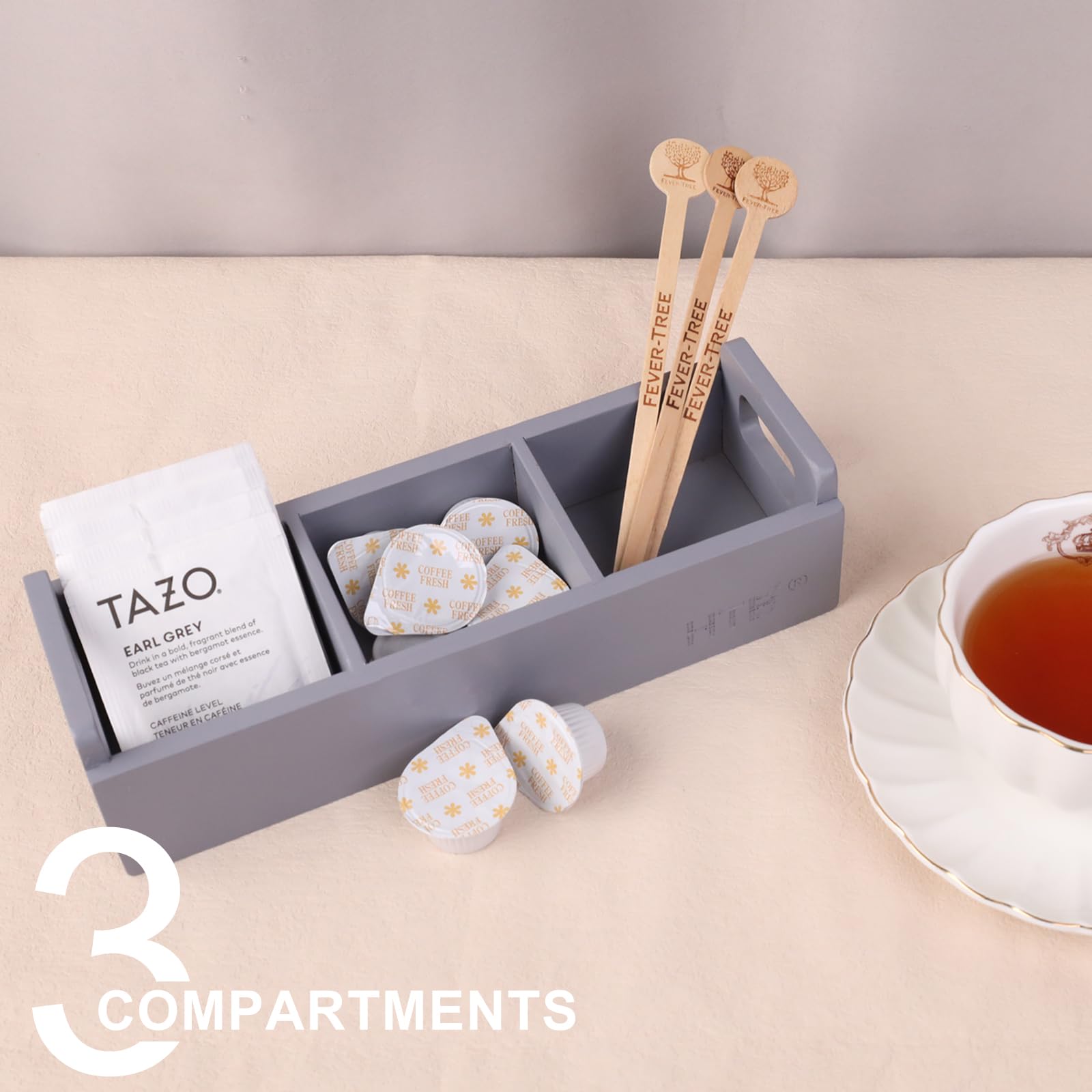 Slim Tea Bag Organizer By Htb, Grey 3 Compartments Tea Box Wooden With Handle For Small Space, Wood Tea Organizer For Tea Bags