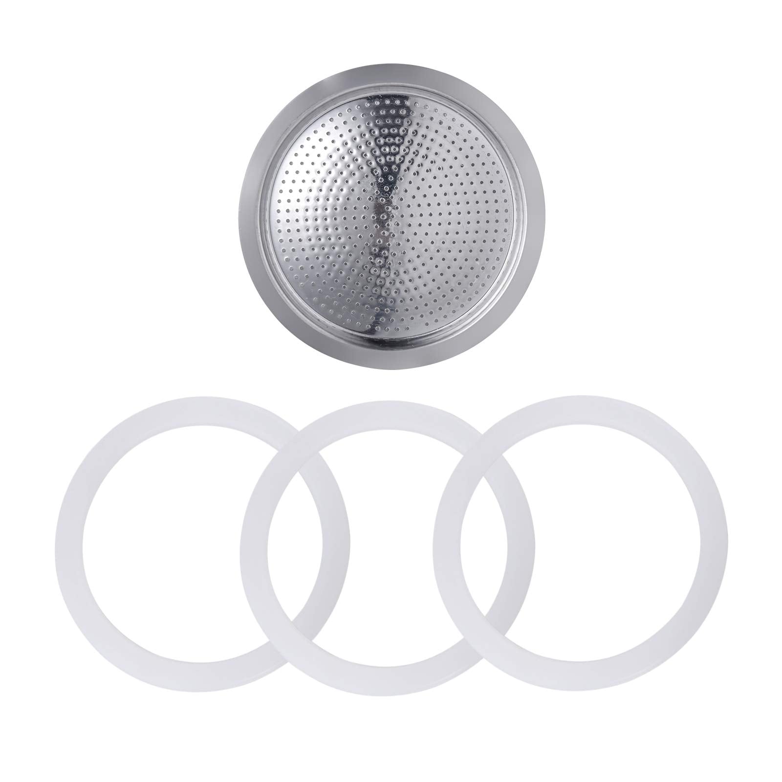 Sivaphe 9 Cups Stovetop Espresso Coffee Maker Replacement Infuser Parts Stainless Steel For Italian Moka Pot, 1 Filter And 3 Sil