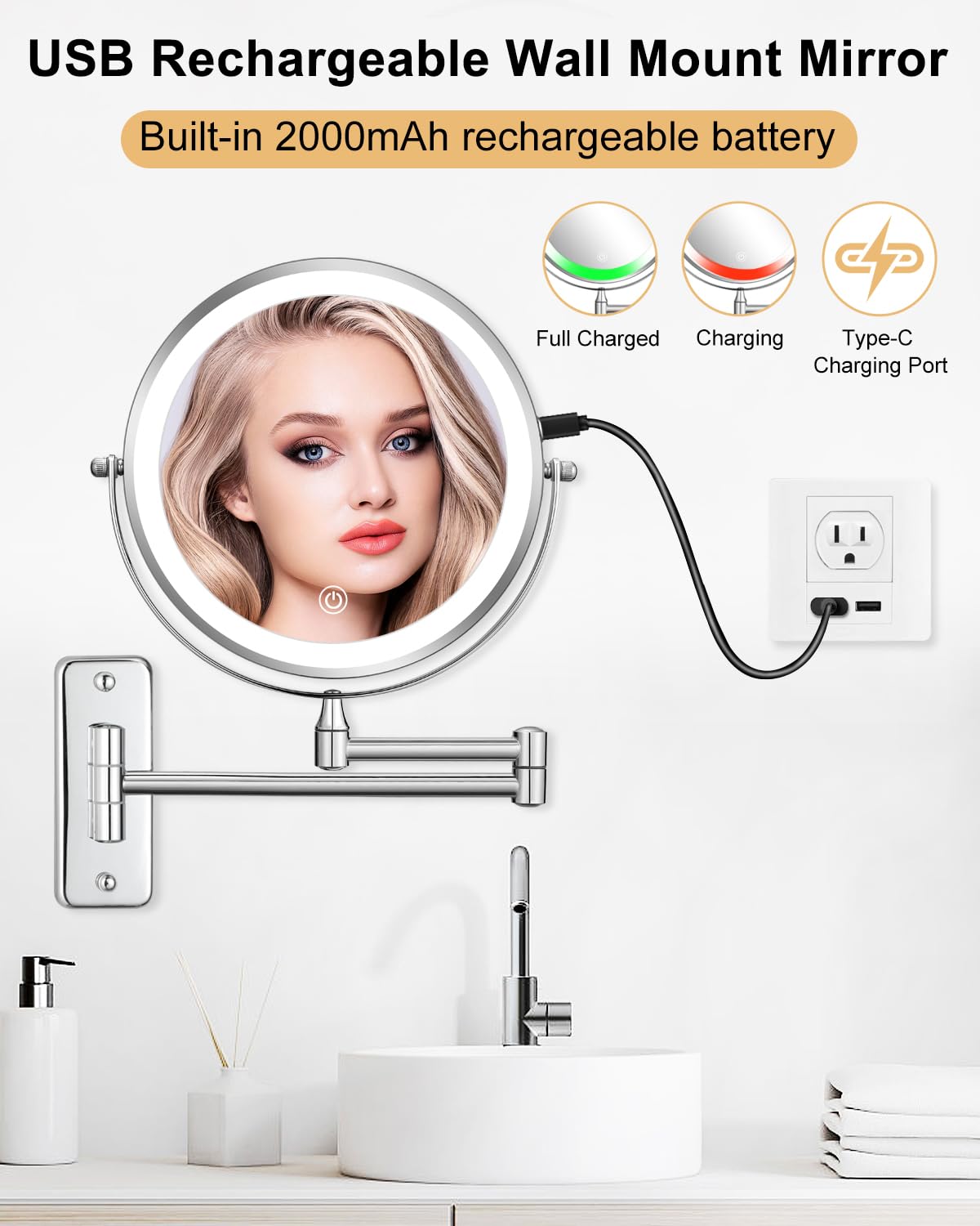 DECLUTTR 8" Rechargeable Wall Mounted Makeup Mirror, 1X/10X Magnifying, Dimmable LED, Chrome-led, Model J851E