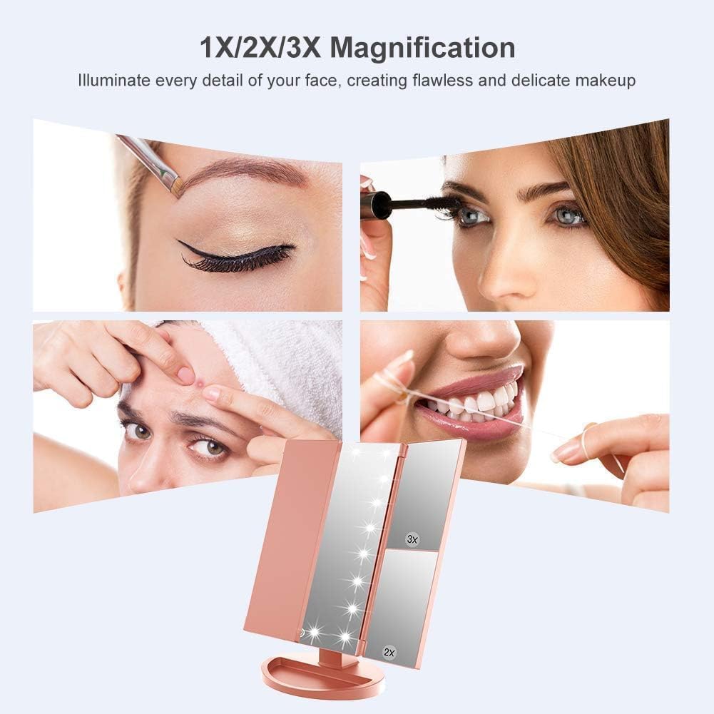Weily Makeup Mirror With 21 Led Lights,Two Power Supply Modes, Adjustable Touch Screen And 1X/2X/3X Magnification Tri-Fold Vanit
