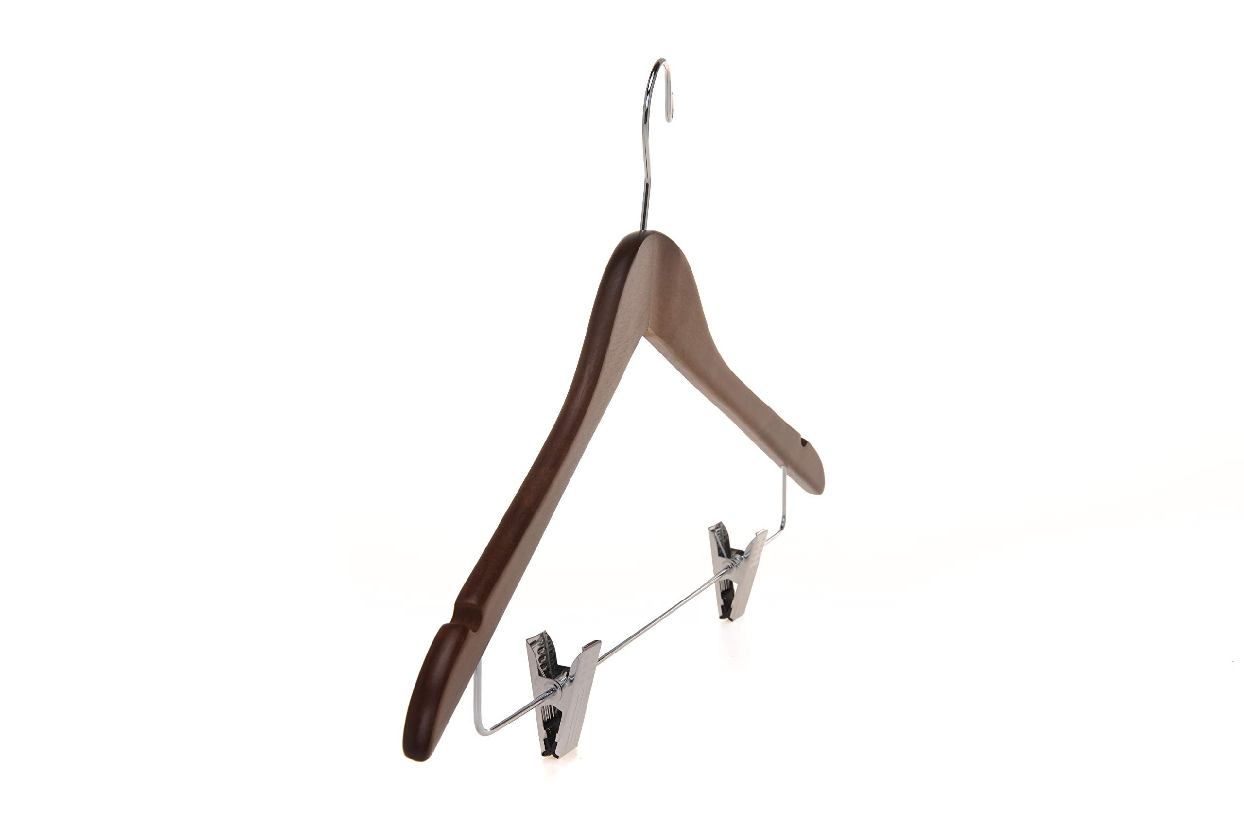 Quality Wooden Skirt Hangers with Clips  10-Pack Smooth Solid Wood Pants Hangers with Durable Adjustable Metal Clips  Swivel Hook  Coat  Jacket  Blouse Suit Hangers (Walnut - Chrome Hook  10)