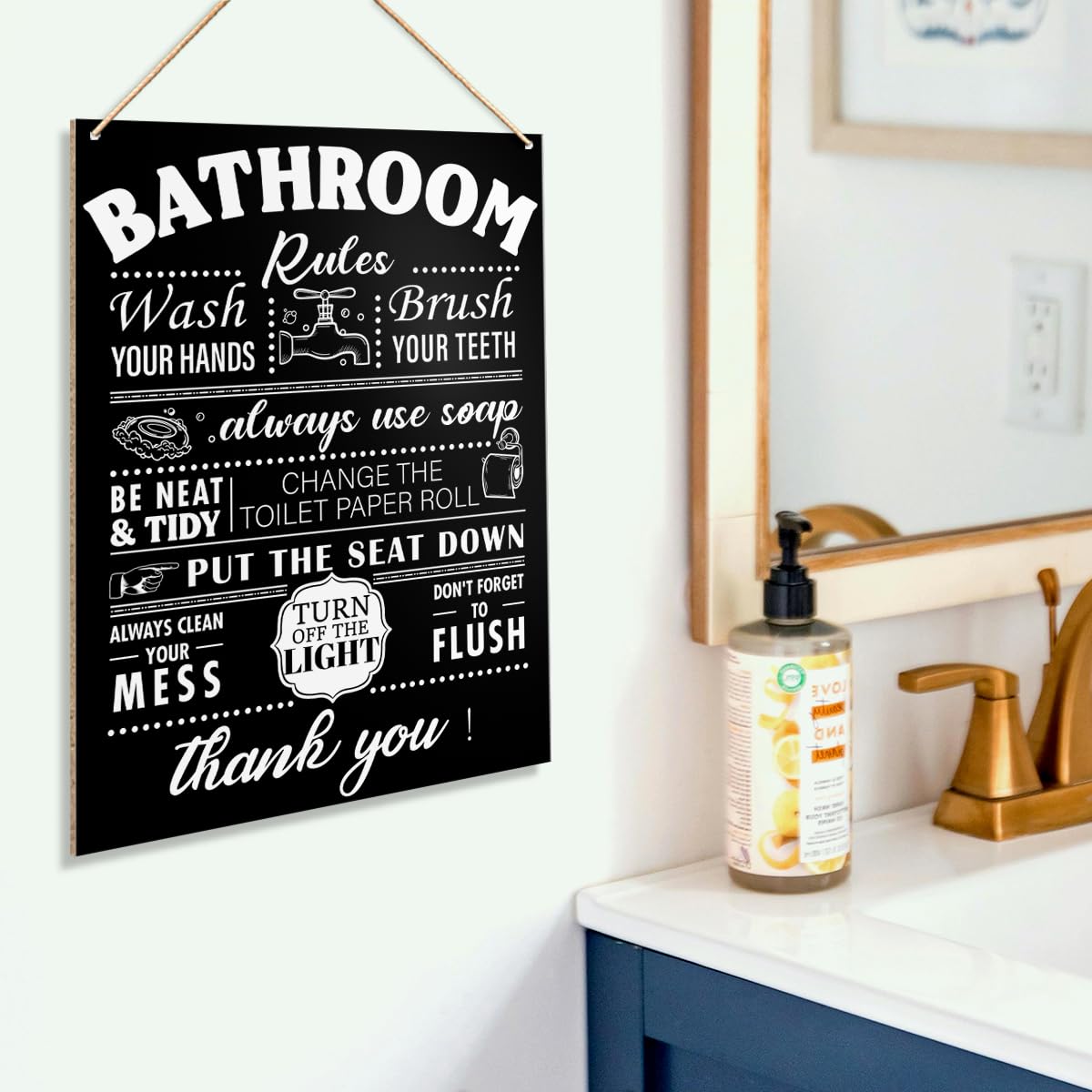 UDNADKEX Bathroom Rules Wall Hanging Decor, Wash Your Hands, Toilet Powder Room Restroom Decor Guest Bathroom Black Wooden Signs