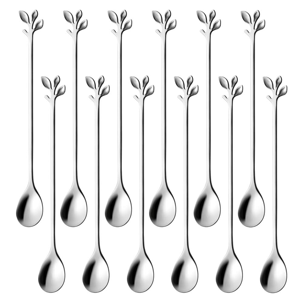 Ansaw 6.5 '' Elegant Leaf-Design Silver Coffee & Tea Spoons Set Of 12- Long Handle Stainless Steel Stirring Spoons For Espresso,