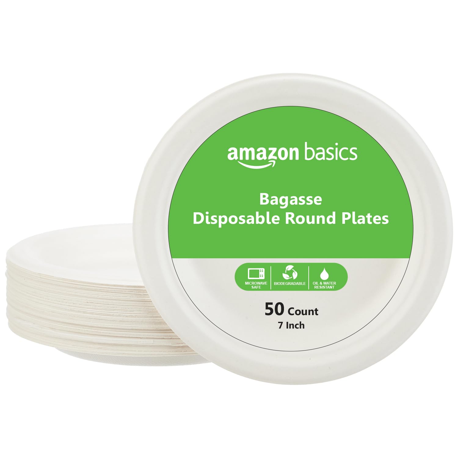 Amazon Basics Bagasse Disposable Round Plates | 7 Inch  Pack Of 50 | Biodegradable | LeakResistant | Hot & Cold Food Safe | Ec