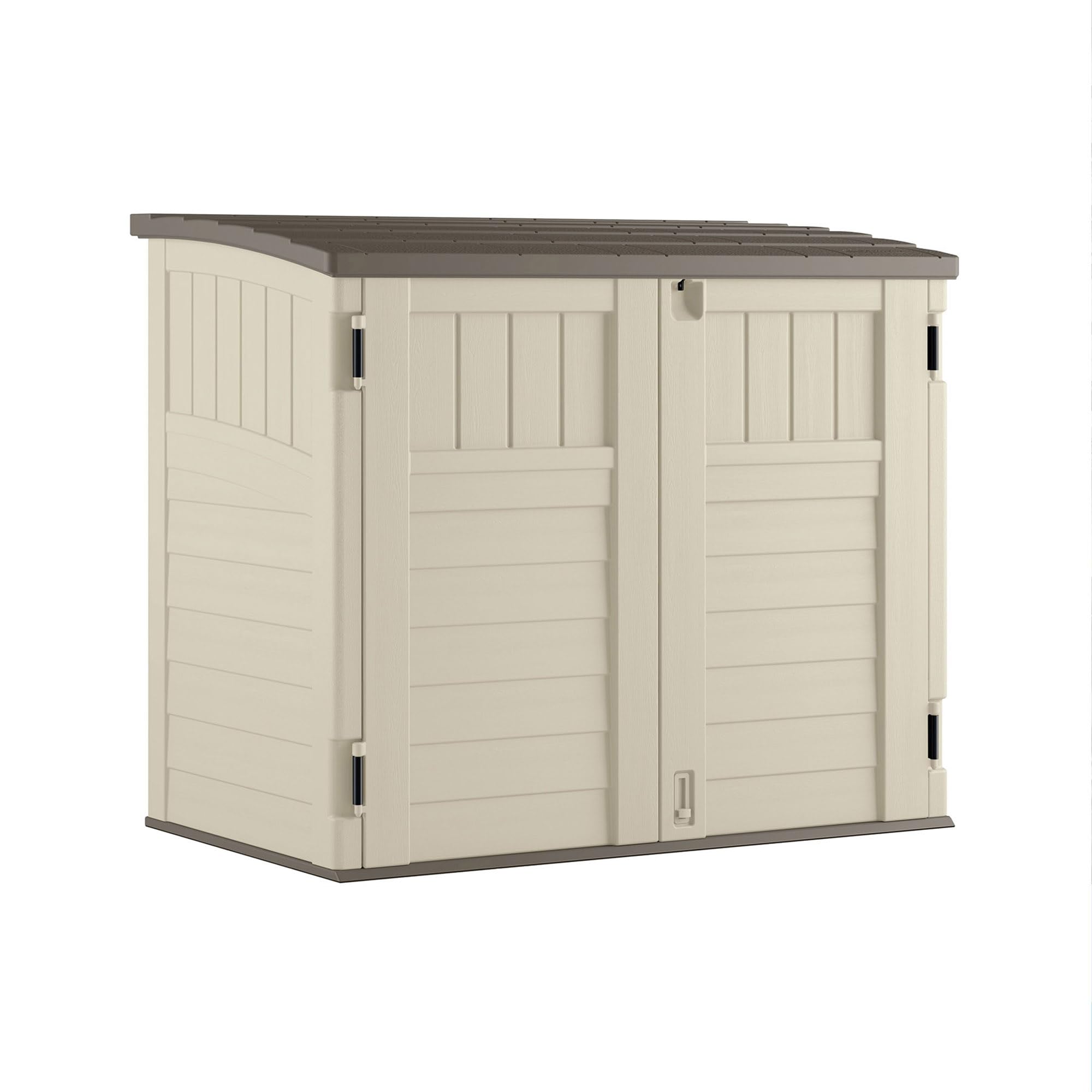 Suncast 34 Cu Ft Horizontal Resin Plastic Storage Shed - Outdoor Storage Shed with Floor Included, Lockable, Weatherproof, Fits Small to Medium Trash Cans, Generators, & Garden Tools, Vanilla Stoney-New Condition