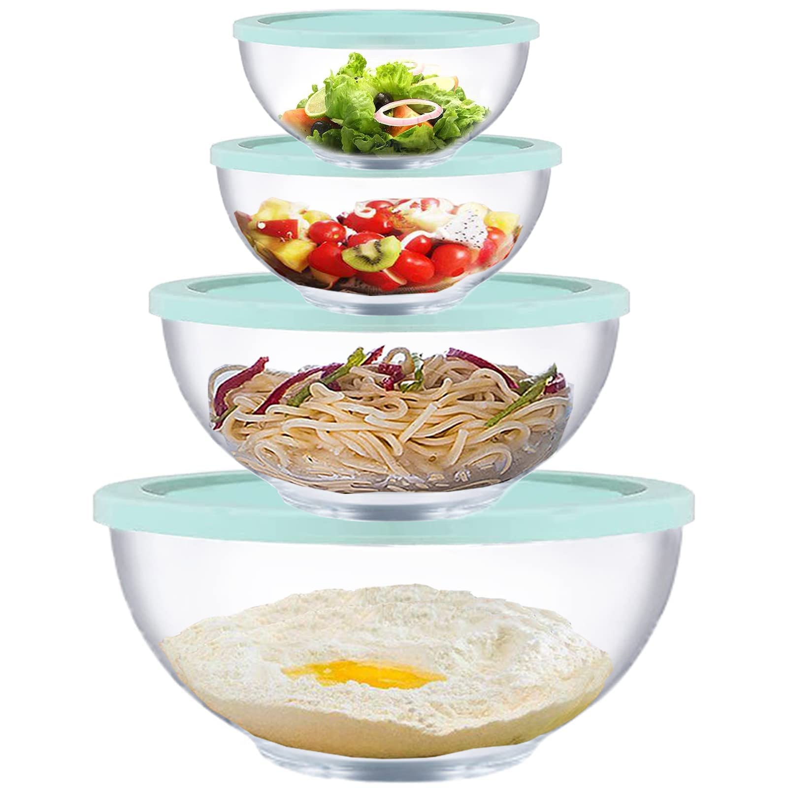 Homwin Glass Mixing Bowls with Lids Set, 8 Pieces Glass Salad Bowl Set with Lids(0.6QT,1.1QT,2.2QT,4QT) High Brosilicate Microwa