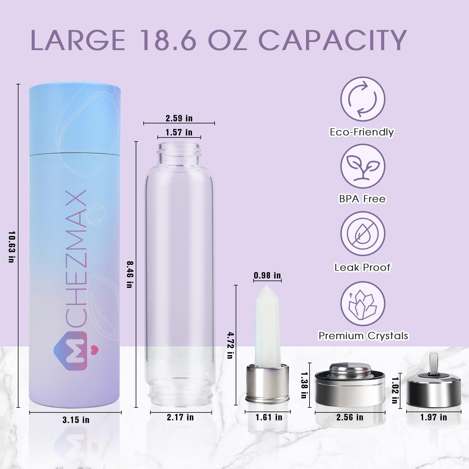 Chezmax Crystal Glass Water Bottle, Glass Water Bottle With Changeable Natural Crystal Center, Quartz Gemstone Water Bottle For