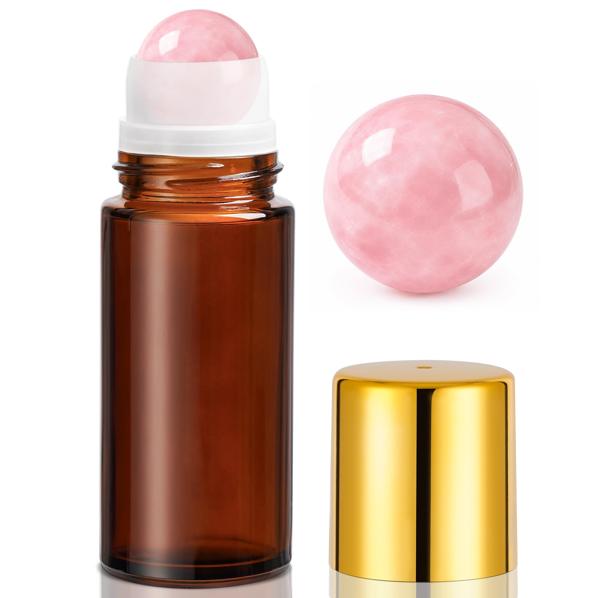 50ml Rose Quartz Roller Bottle, Refillable Amber Glass RollOn Bottle Kit