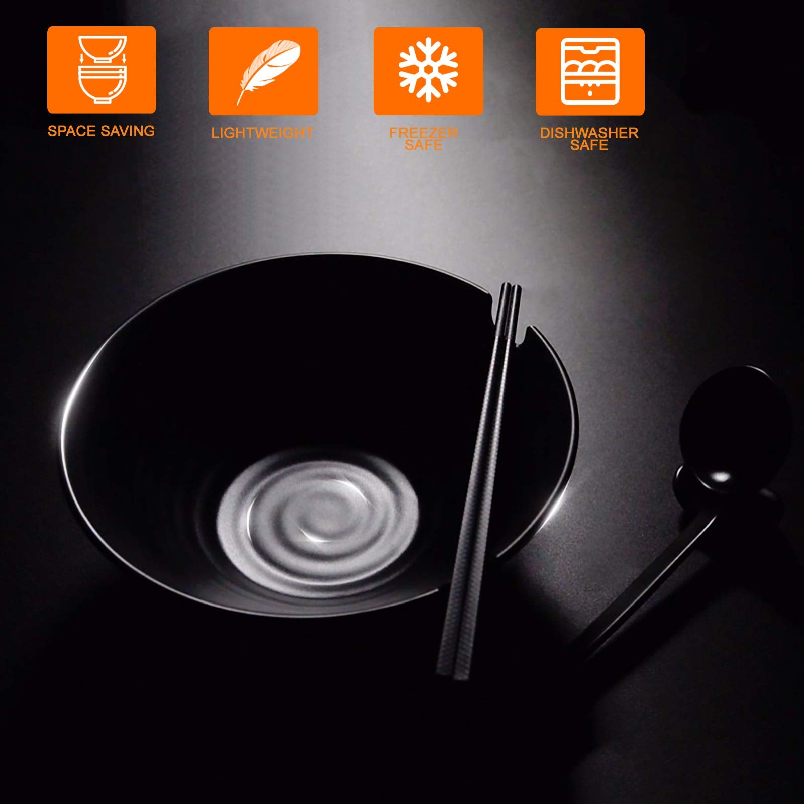 Vivimee Unbreakable Japanese Style Ramen Bowl Set Of 2, 37Oz Black Large Matte Melamine Bowls And Spoons Set With Chopsticks & S