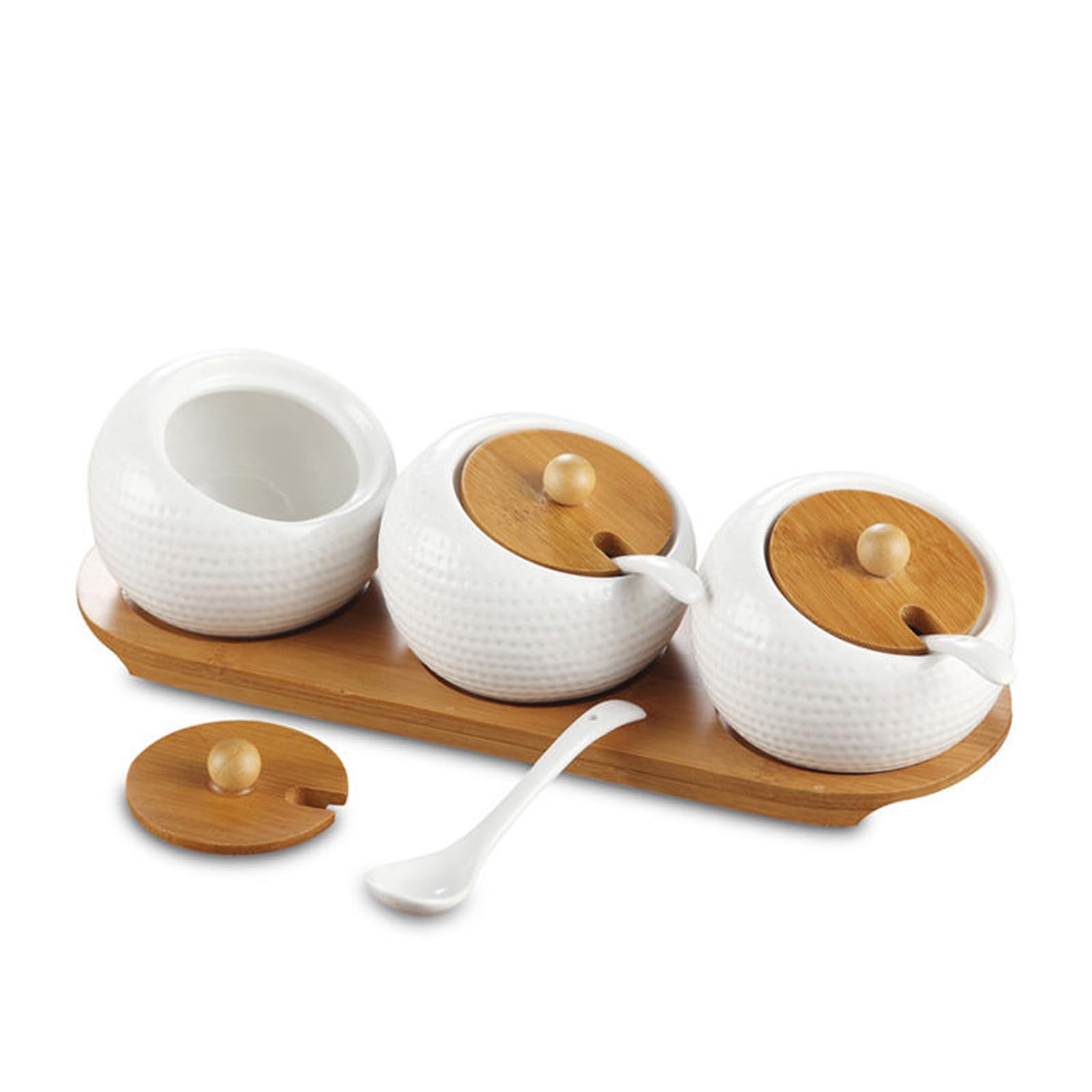 Dormico White Porcelain Spice Jar Set With Bamboo Lids And Tray  3 Ceramic Containers (6.8 Oz) For Sugar, Coffee, Salt, Or Cond