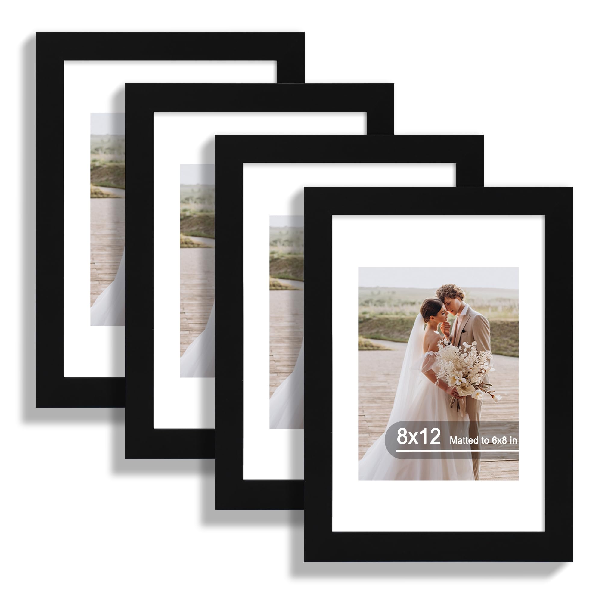 Hongkee 8x12 Picture Frame Set of 4, Made of Real Glass and Black Wooden Frame - Display 6x8 Picture with Mat or 8 x 12Poster Wi
