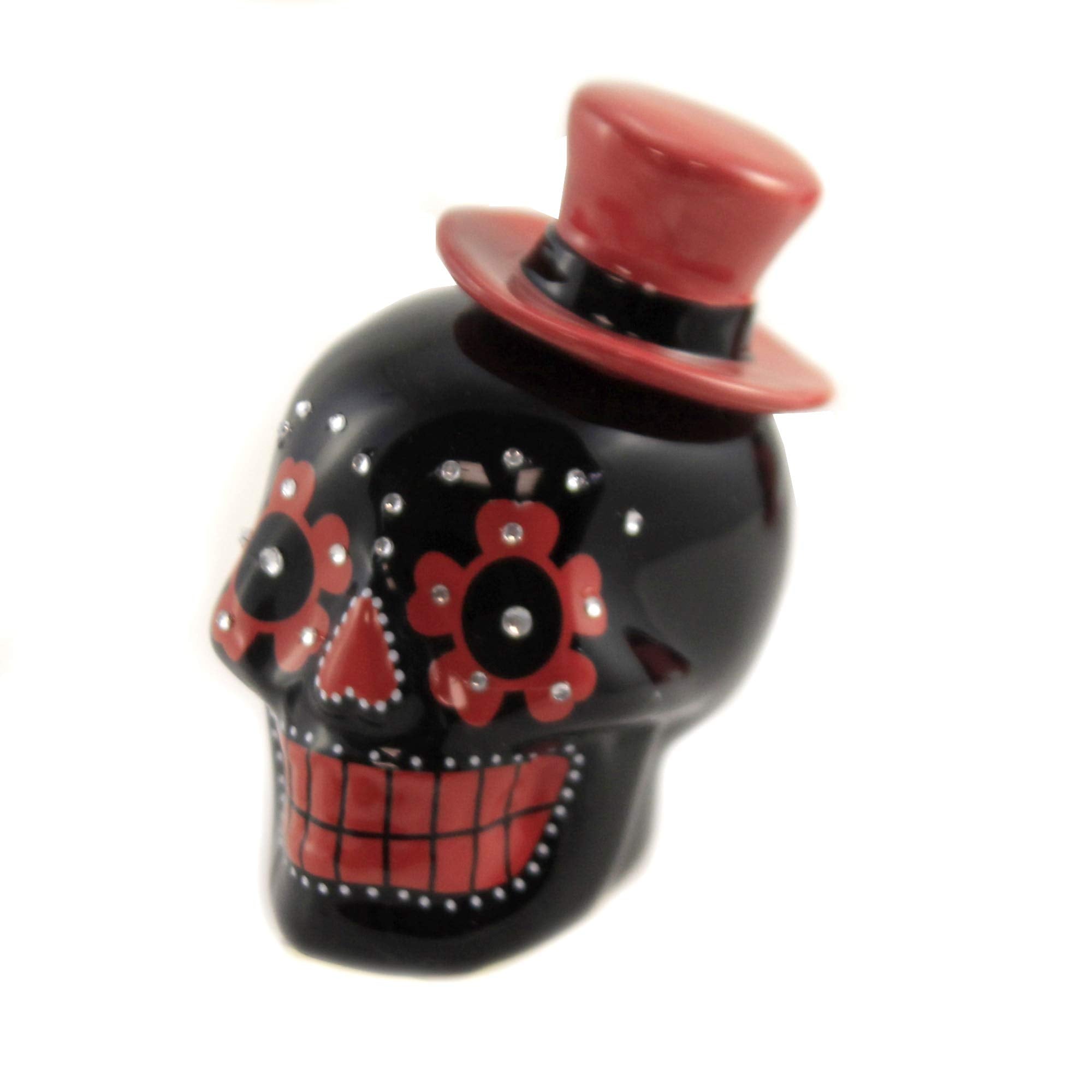 Pacific Giftware Day Of Dead Sugar Black & Red Skulls Salt & Pepper Shakers Set Rhinestone Dod Top Hat