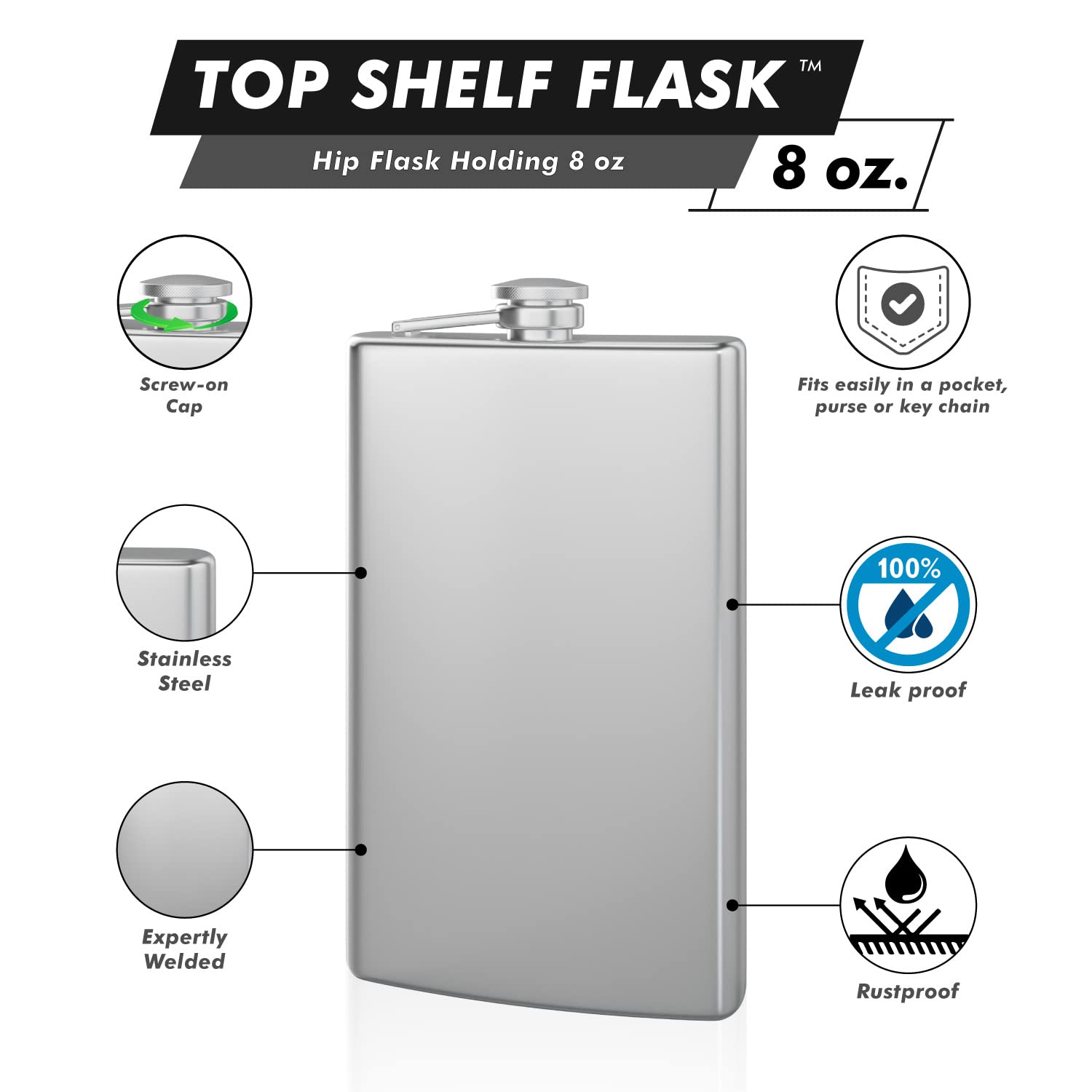 Hip Flask And Refill Funnel Set - 8 Oz, Easy Pour, Leakproof, Attached Screw-On Cap - Comes In Gift Box