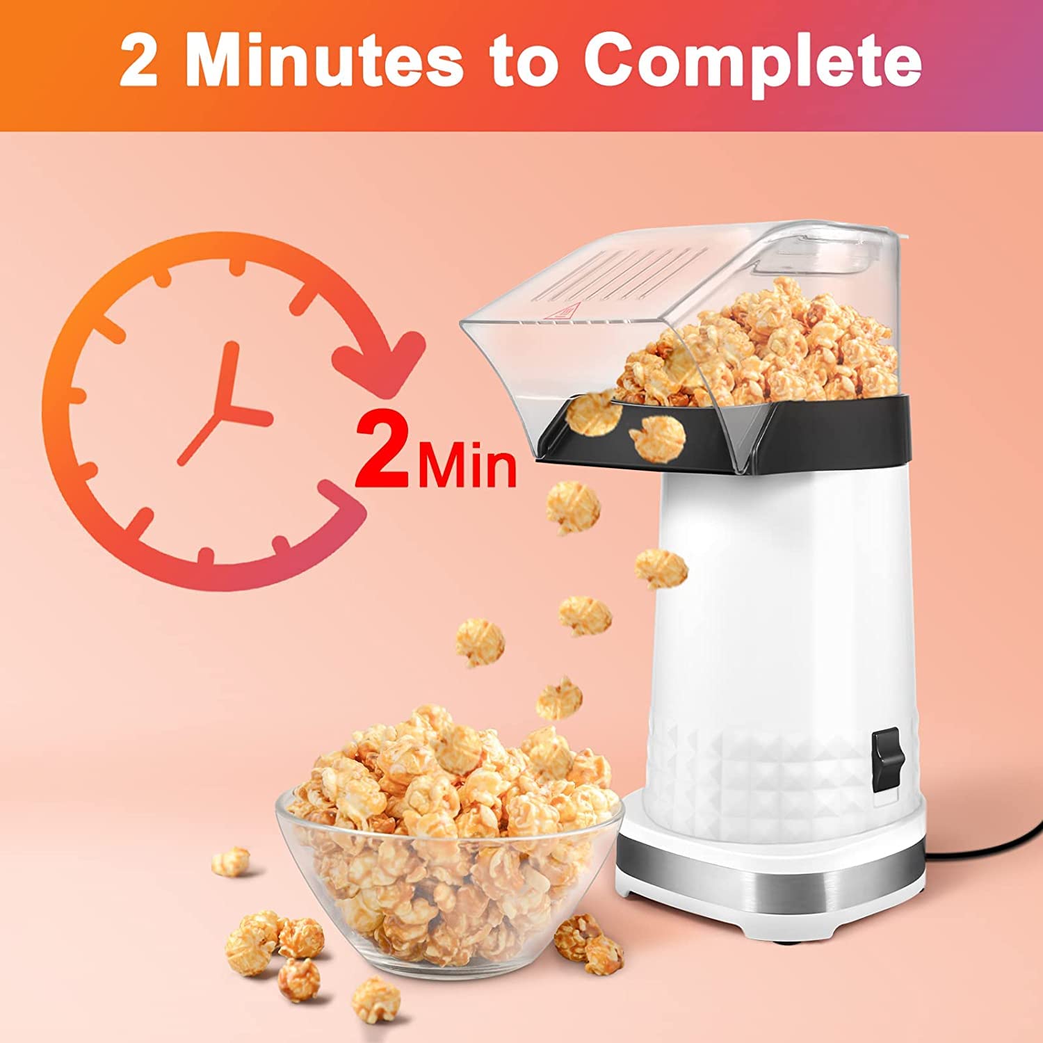 Kodaqo Popcorn Maker, Hot Air Popper 1200W With Etl Certified, Bpa Free, No Oil, Diy Flavors, 98% Super High Explosion Rate Mach