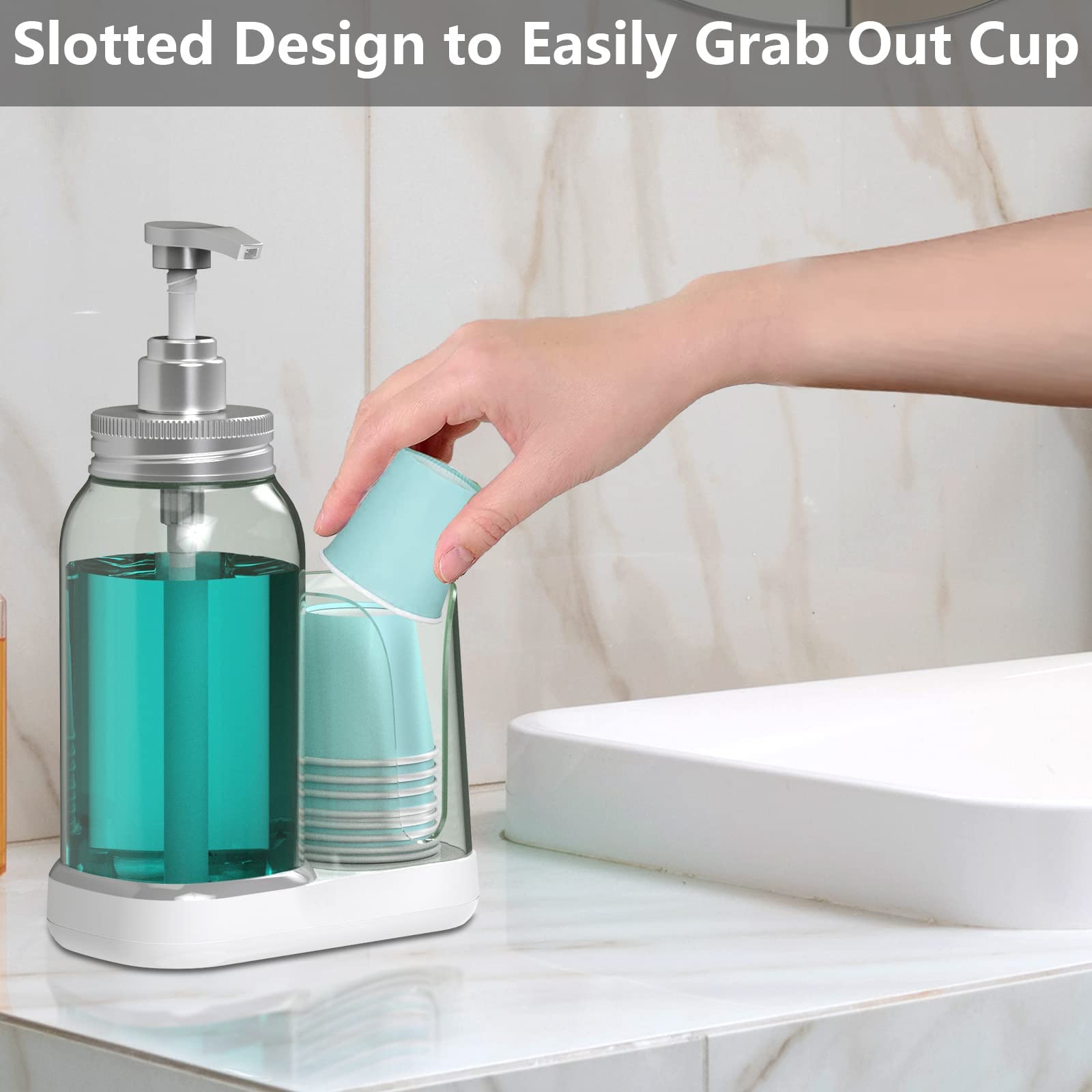 Luvan Mouthwash Dispenser For Bathroom, 25Oz Mouthwash Pump Bottle With Cup Holder, Refillable Clear Blue Mouth Wash Container F