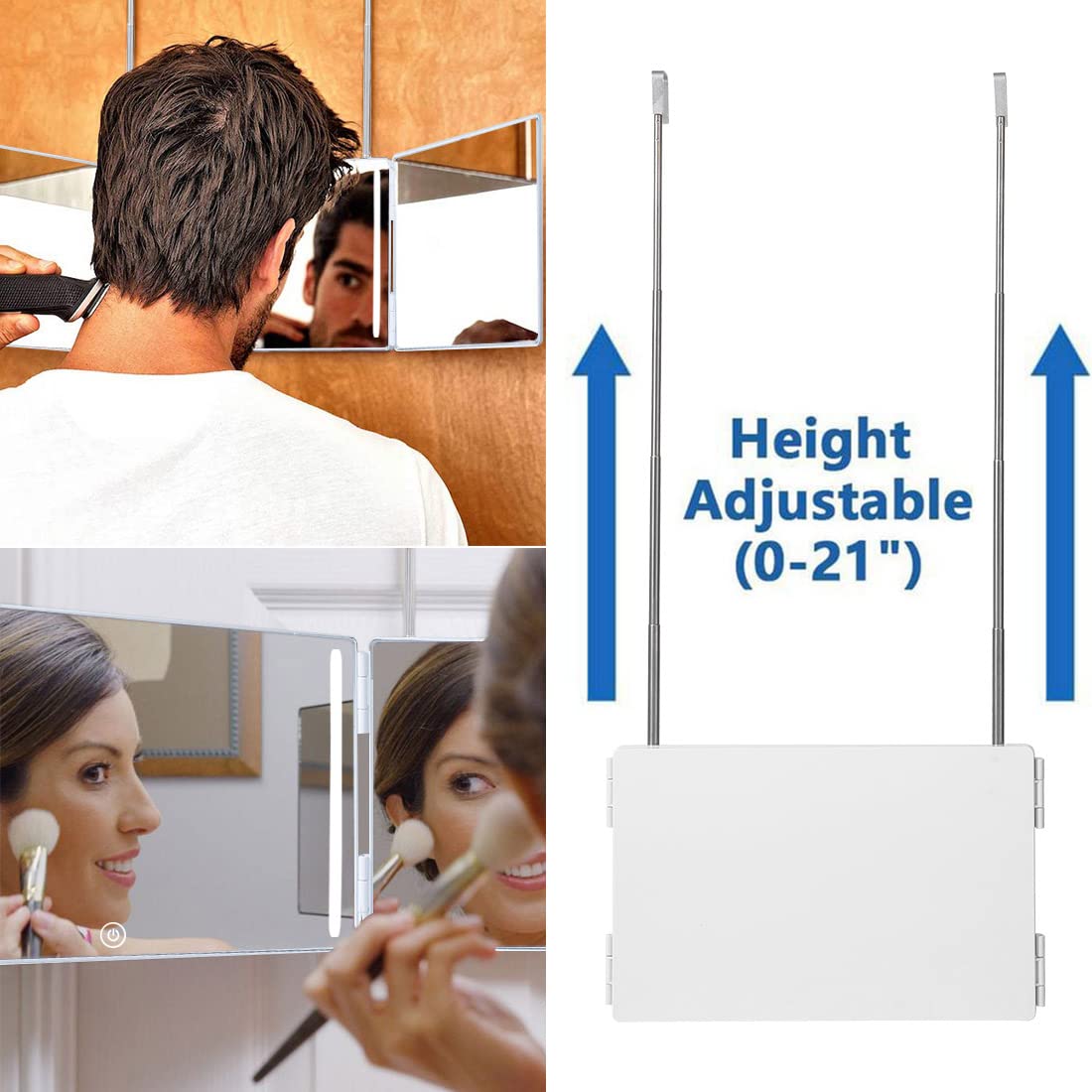 Hieey 3 Way Mirror For Hair Cutting With Led,360 Trifold Mirror With Height Adjustable Telescoping Hooks,And 5X Magnification Mi