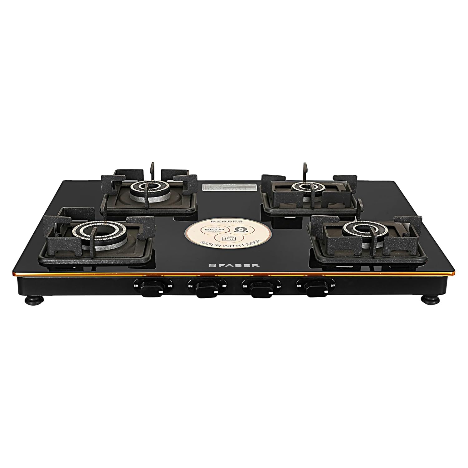 Faber Stylish 4 Brass Burners 69Cm Sleek Cooktop |Manual Ignition|Ms Powder Coated Pan Support|Black Glass Finish|5 Yrs Warranty