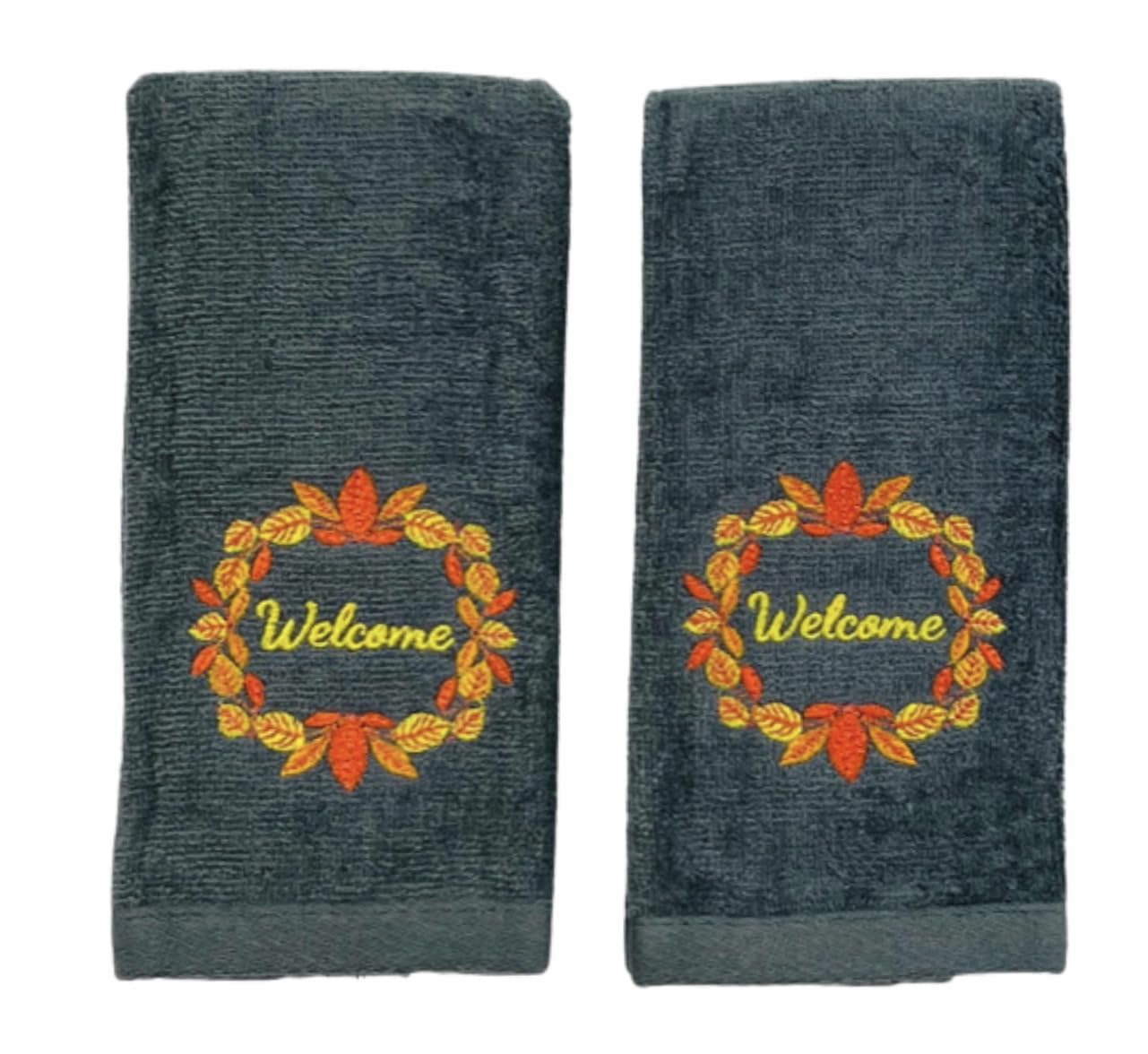 Decorative Fall Harvest Hand Fingertip Towels: Cute Welcome Wreath On Plush Soft Cotton Grey Orange, Set Of 2 12'' X 18''
