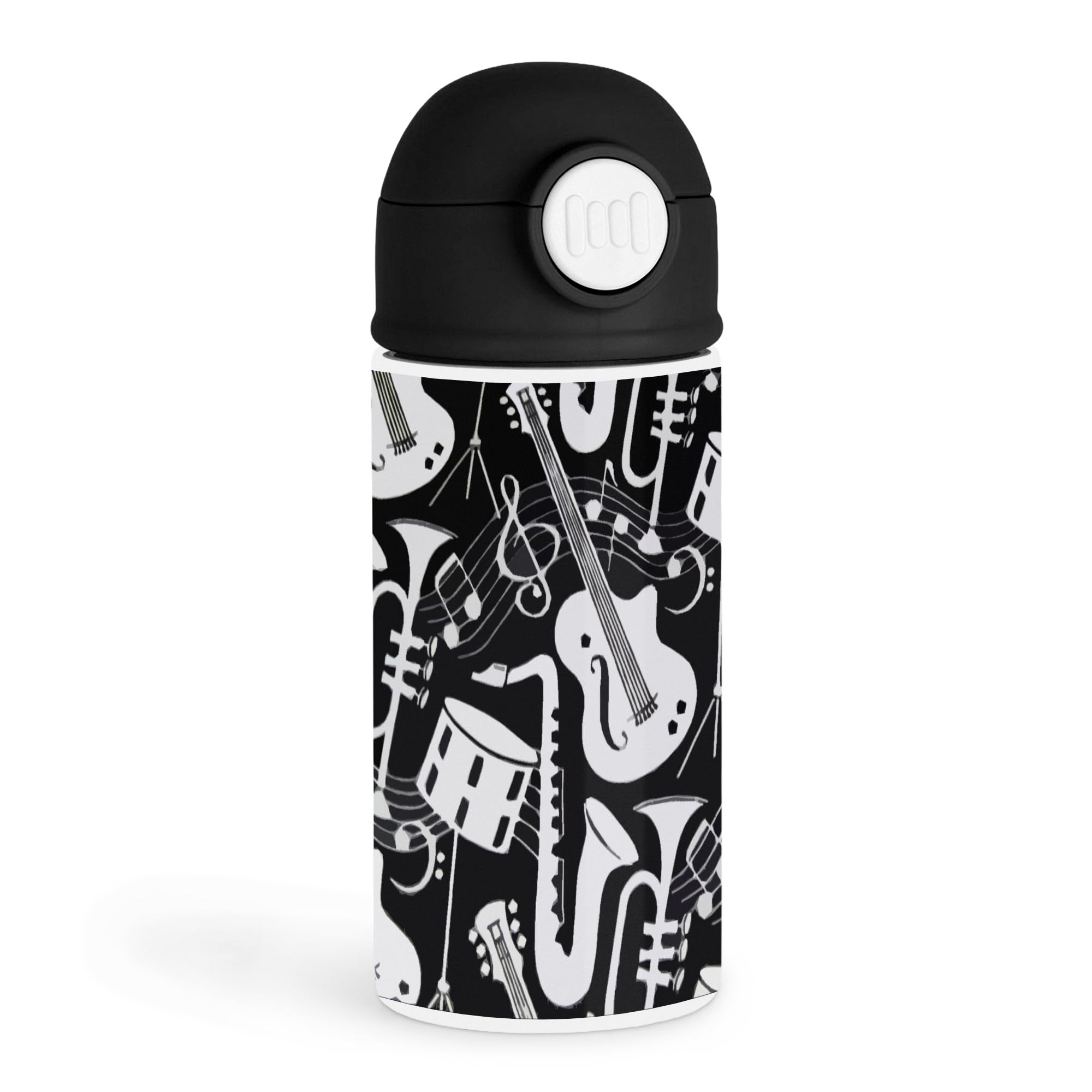 3dRose Empowering Music Lover 12oz Kids Black Bottle  Black and white musical instruments pattern with notes  School Day, Spor