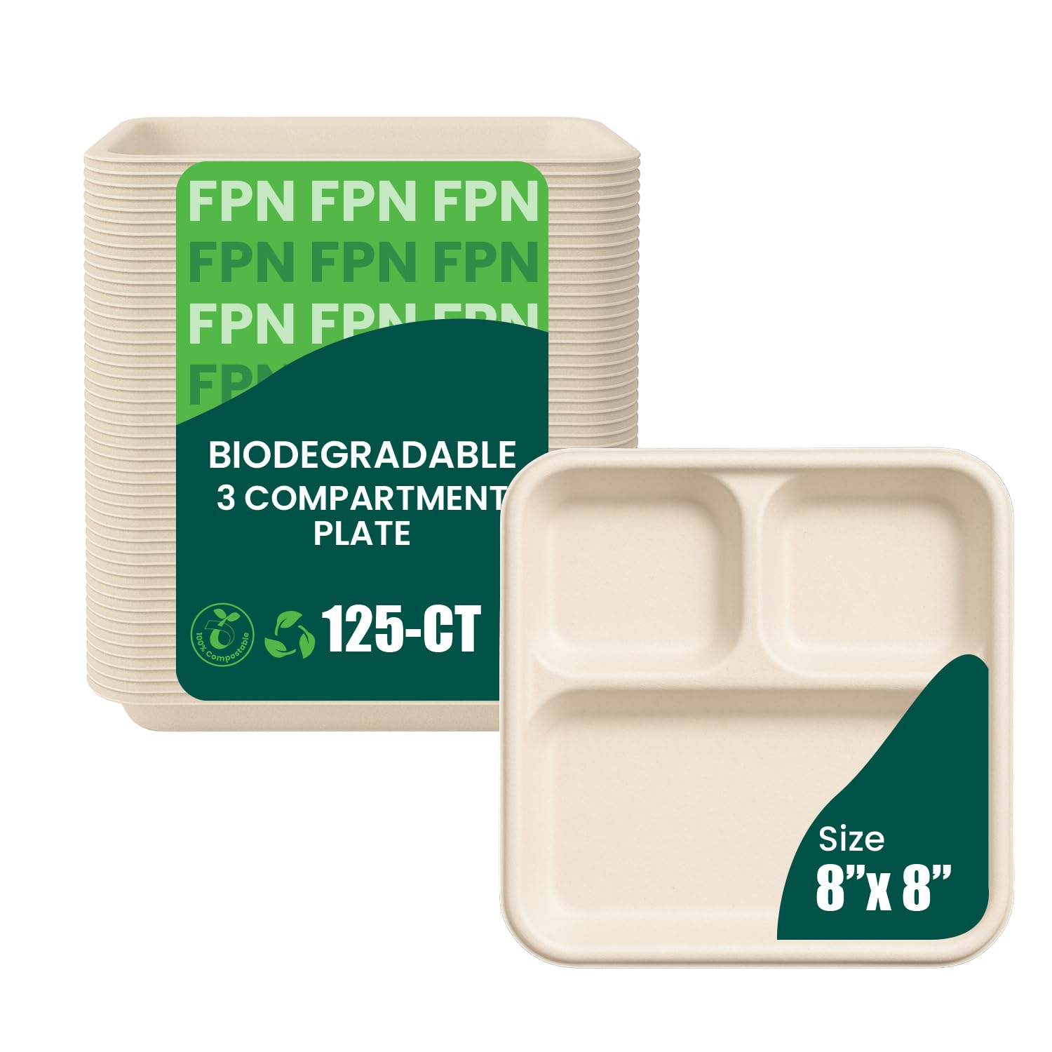 FPN Plates Square 3-Compartment 125 Pack Disposable Trays - Sugarcane Fiber, Biodegradable & Compostable, Paper Plates for Meals