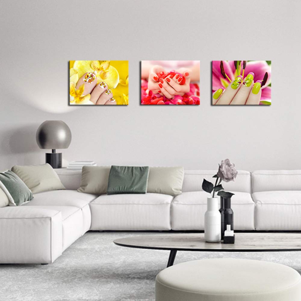 Nachic Wall - 3 Piece Canvas Wall Art Fashion Woman Nails Pictures Beauty Salon Manicure Poster Canvas Print With Wooden Frame F