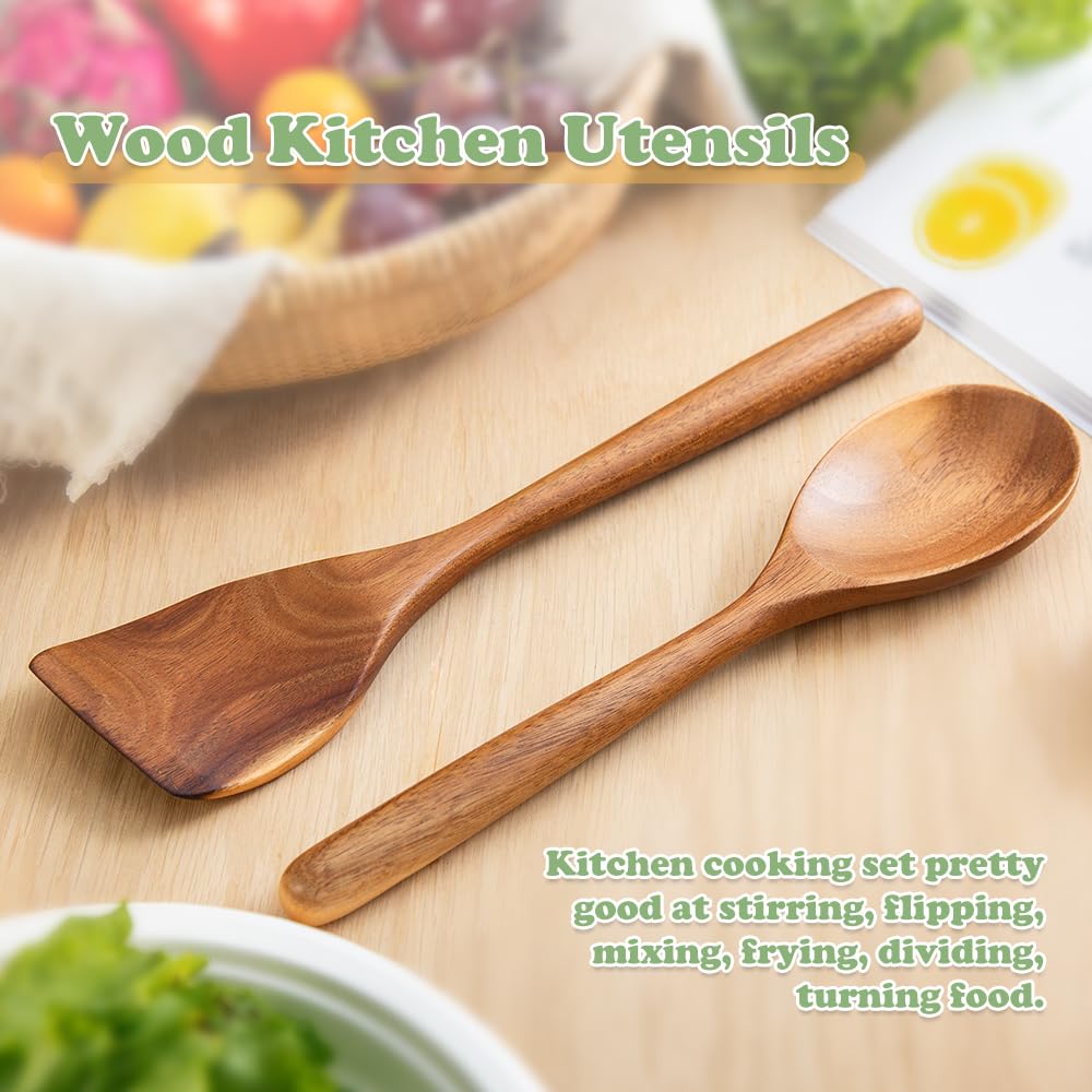Wooden Cooking Spoon Utensils, 2Pcs, Spoons Spatulas Set For Kitchen Cooking, Wood Scraper For Frying Scraping And Mixing, Nonst