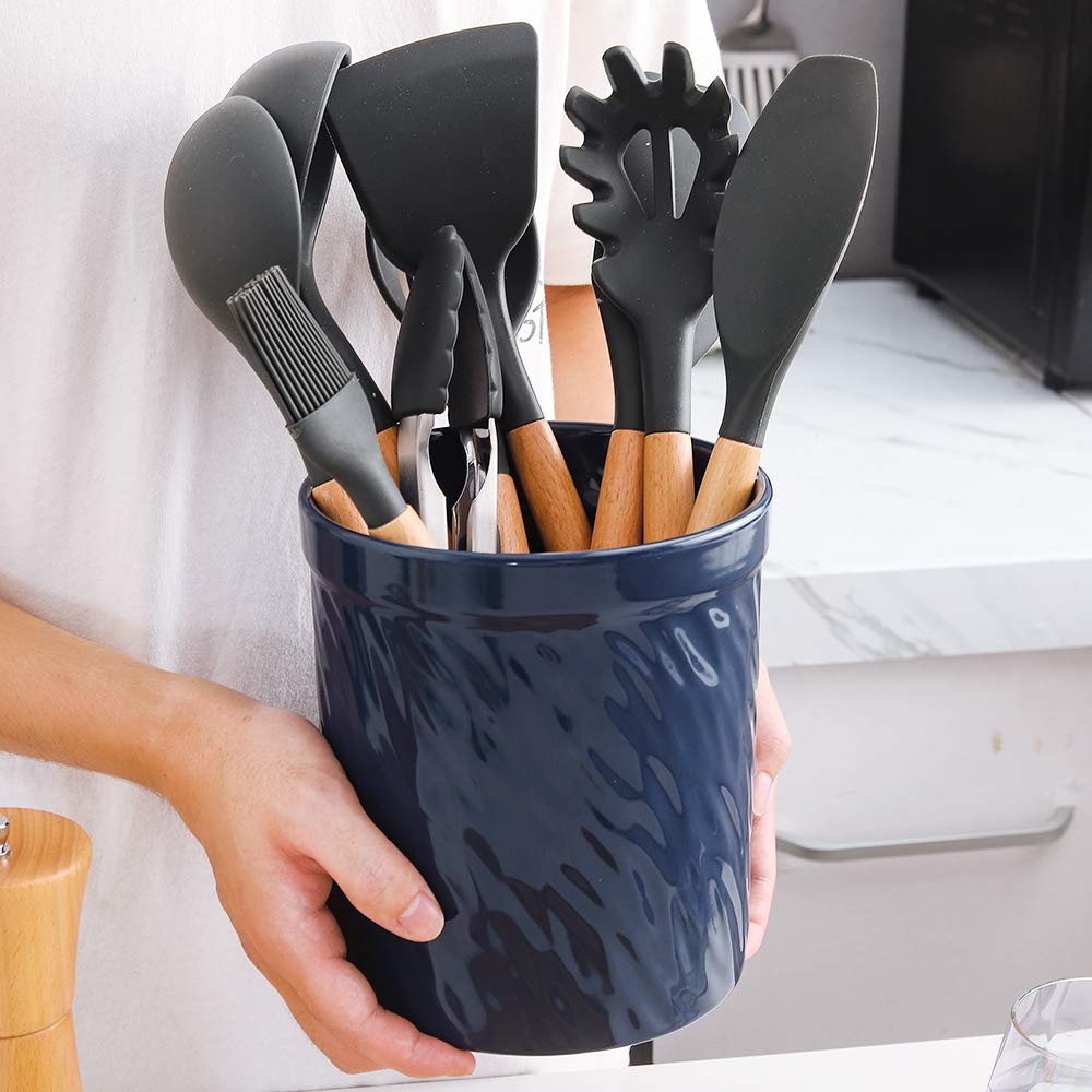 Koov Kitchen Utensil Holder, Large Ceramic Utensil Crock, Deep And Stable, Utensils Caddy Texture Series (Dark Blue)