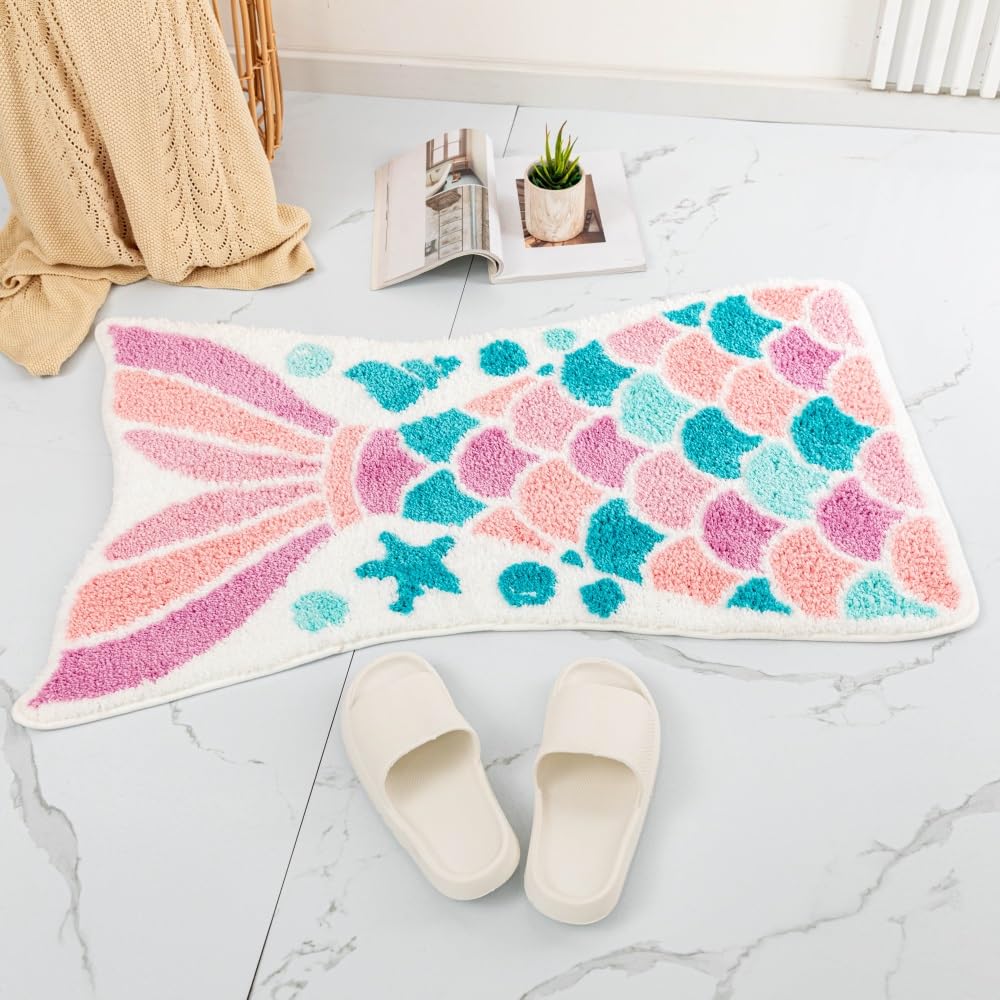 Cute Mermaid Bath Mat Funny Pink Ocean Fish Mermaid Scales Tail Shape Bath Rugs For Bathroom Non-Slip Soft Thick Microfiber Abso