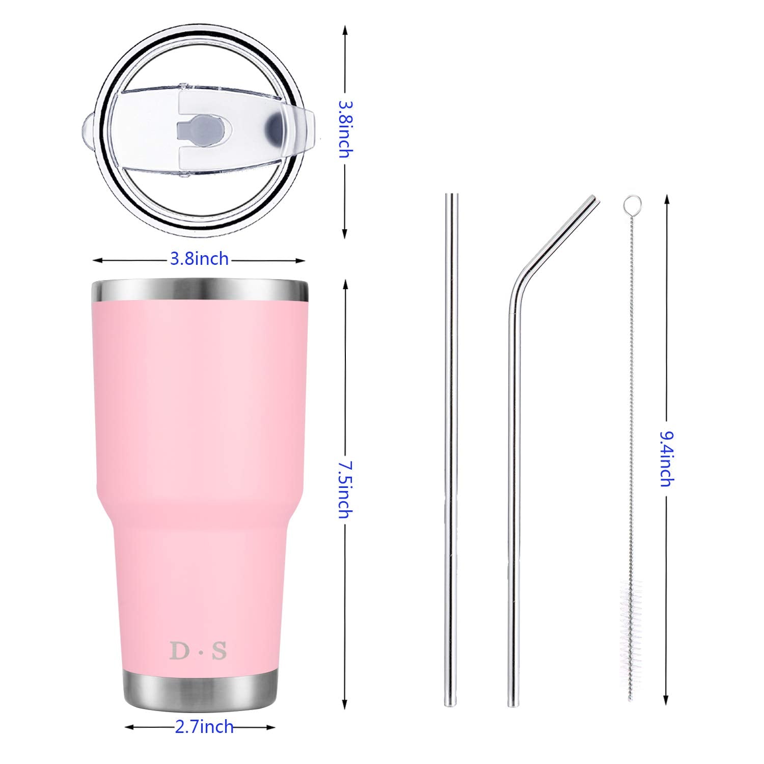 DS 30 oz Pink Tumbler Stainless Steel Double Wall Vacuum Insulated Mug with Straw and Lid, Cleaning Brush for Cold and Hot Bever