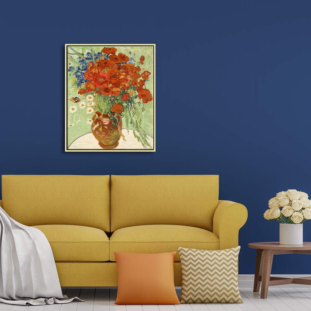 Wieco Art Framed Art Red Poppies And Daisies Canvas Prints Wall Art Of Van Gogh Famous Floral Paintings Reproduction Abstract Hd