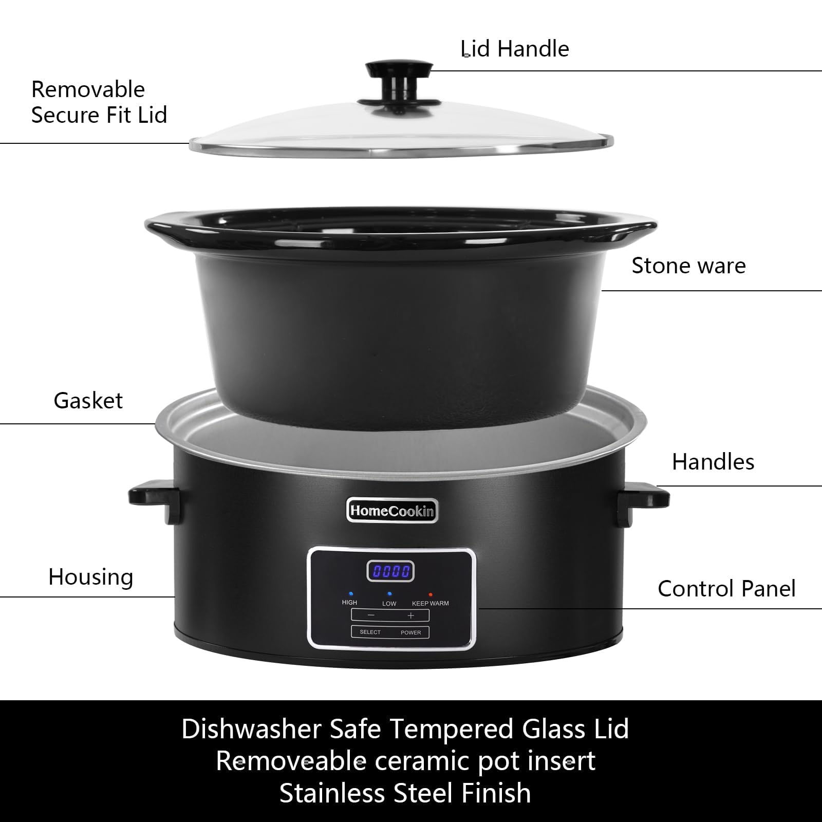 HOMECOOKIN 6 Quart Programmable Slow Cooker, Kitchen Appliances, Perfect Kitchen Small Appliance for Family Dinners, Black Stain