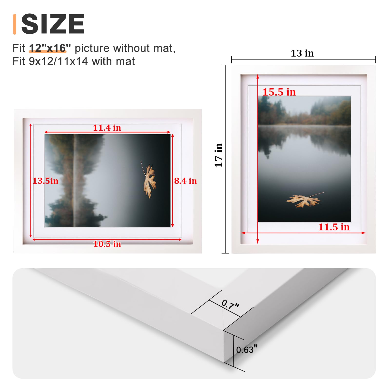 Egofine 12x16 Picture Frame White covered by Plexiglass Made of Solid Wood  Display Pictures 9x12 and 11x14 with Mat or 12x16 Without Mat for Table Top and Wall Mounting