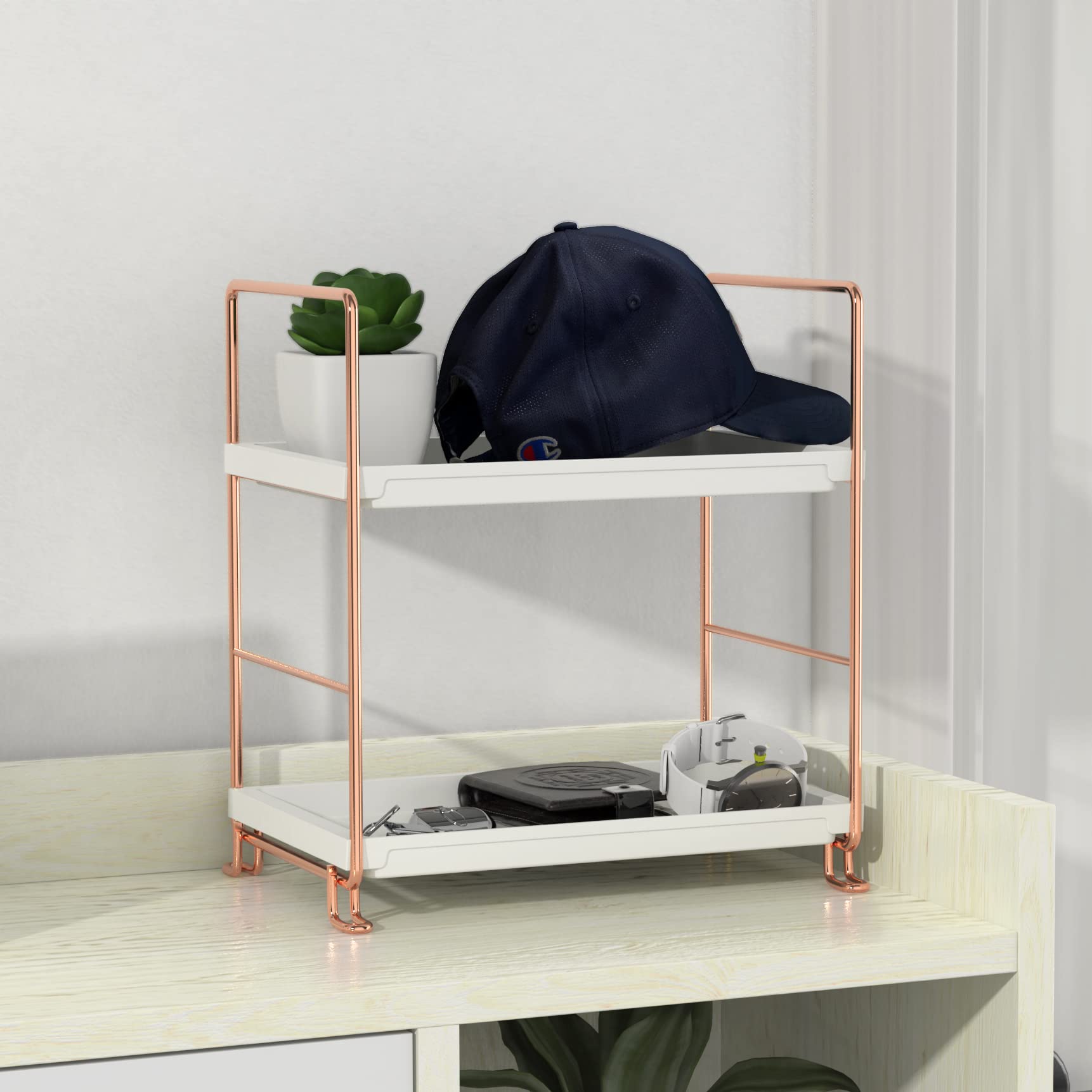 Fsyueyun 2-Tier Bathroom Counter Organizer, Tool-Free Installation Vanity Makeup Tray Skincare Shelf Perfume Stand For Dresser B