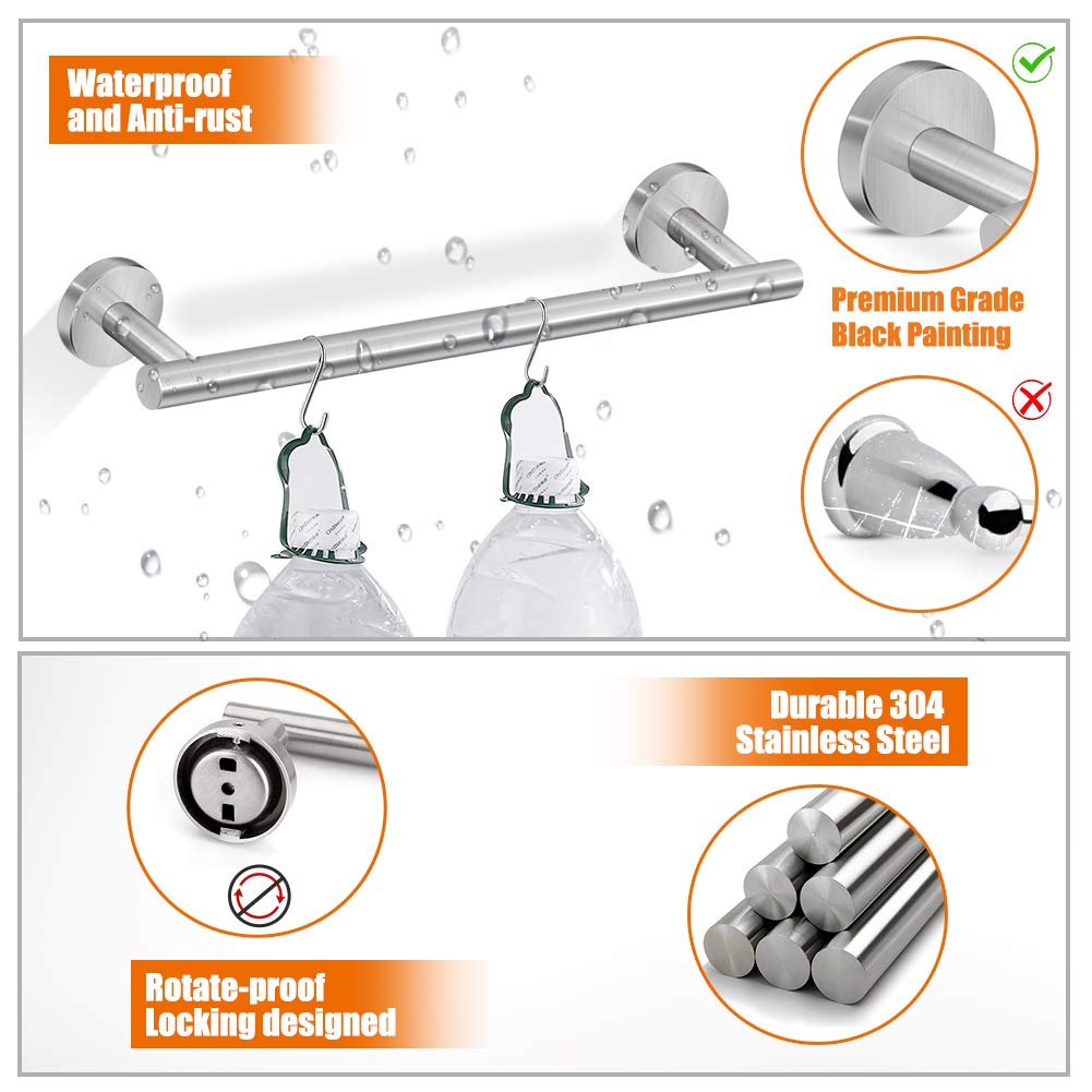 Tudoccy 5-Pieces Bathroom Hardware Set Brushed Nickel SUS304 Stainless Steel Round Wall Mounted - Includes 16'' Hand Towel Bar  Toilet Paper Holder  3 Robe Towel Hooks Bathroom Accessories Kit