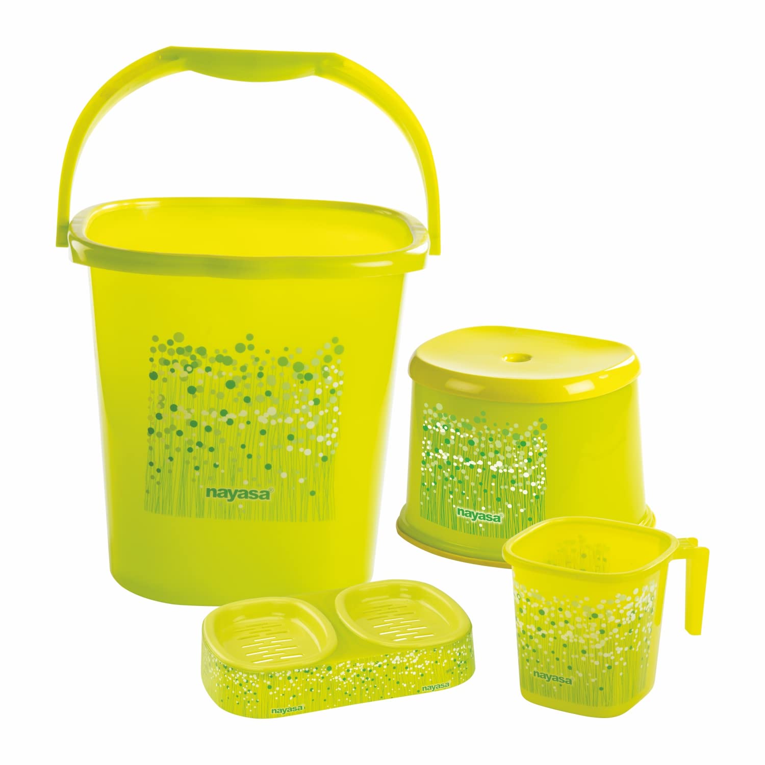Nayasa Funk Deluxe Bathroom Set Of 4Pcs |Bucket 25 Ltrs. + Mug 1.5 Ltr. + Stool 508 + Twin Soap Case | Bucket Set | Green