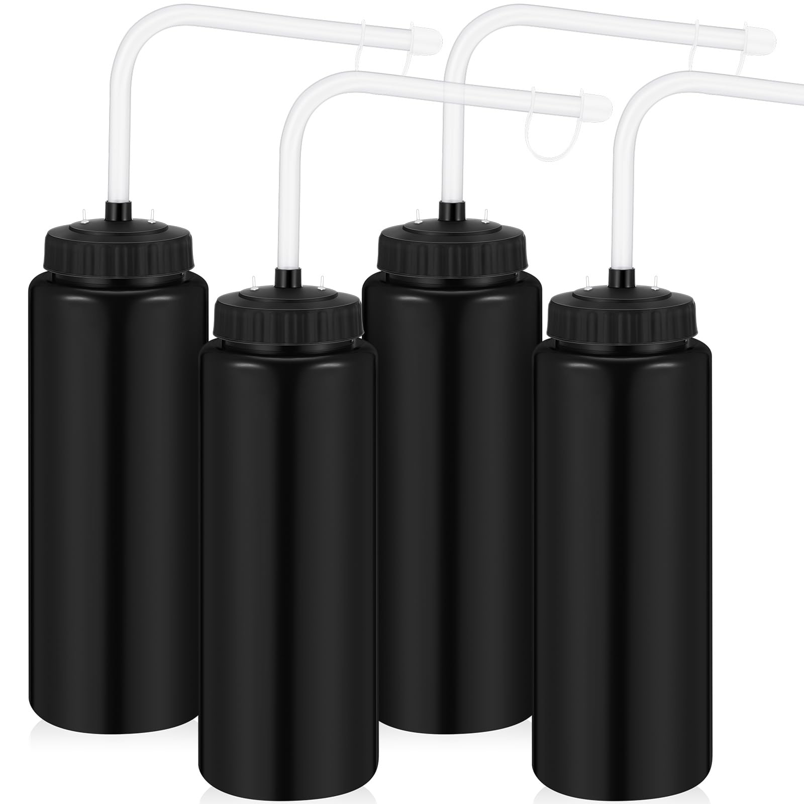 Domensi 4 Pack 32 oz Hockey Sports Water Bottle with Long Straw Easy Squeeze Plastic Bottle Helmet Friendly for Sport Hockey Foo