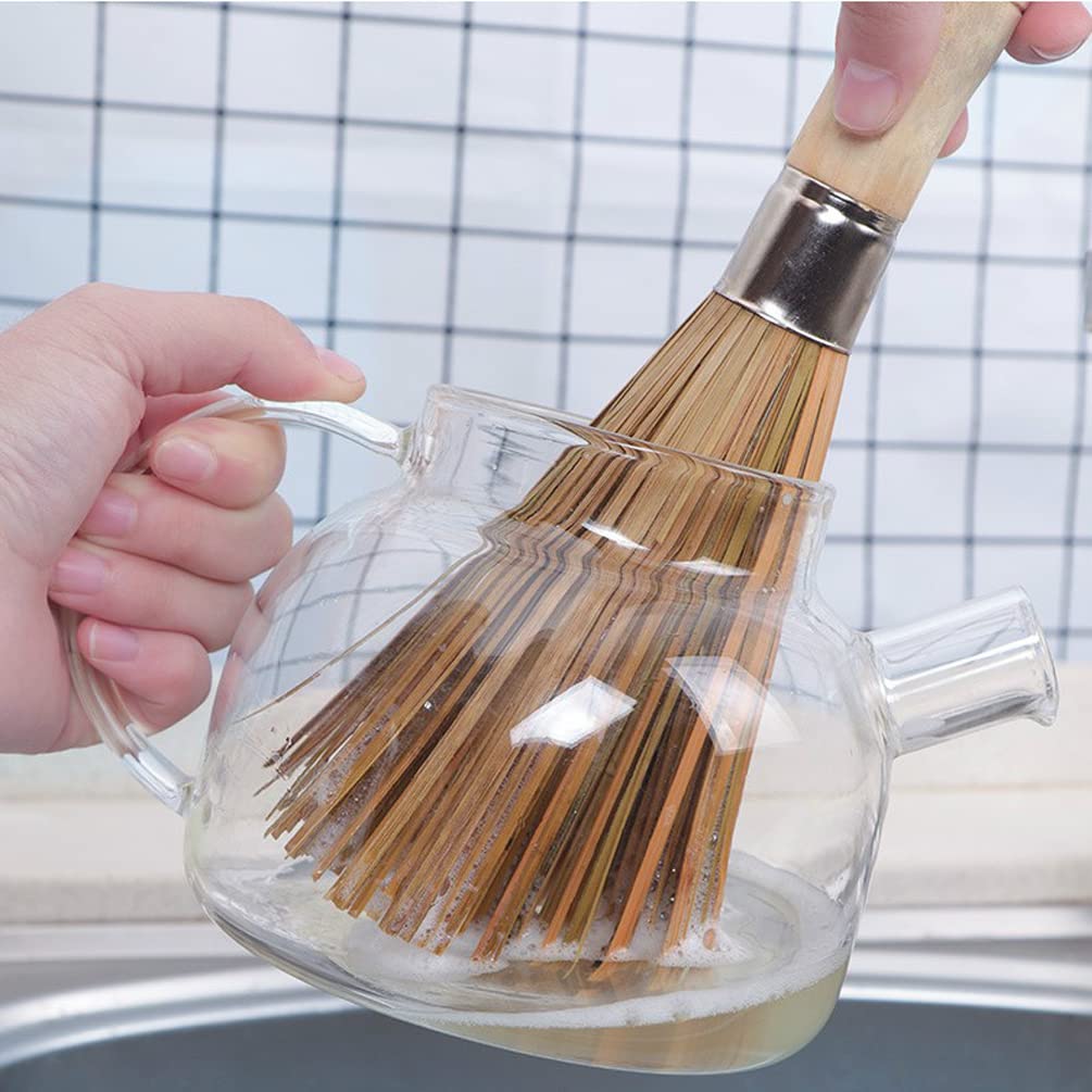 1 Pack Bamboo Cleaning Whisk With Wooden Handle Kitchen Pan Clean Brush For Dishes Pans Wok Sink