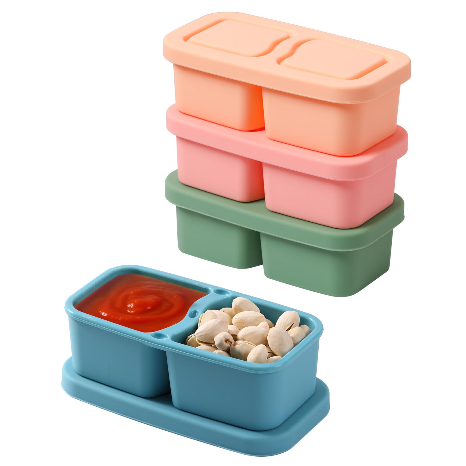 UCBAT 4 Pack Silicone Snack Containers with Lids, 6.8 Oz Double Compartment Food Storage Containers for,pink, green,Blue,Orange