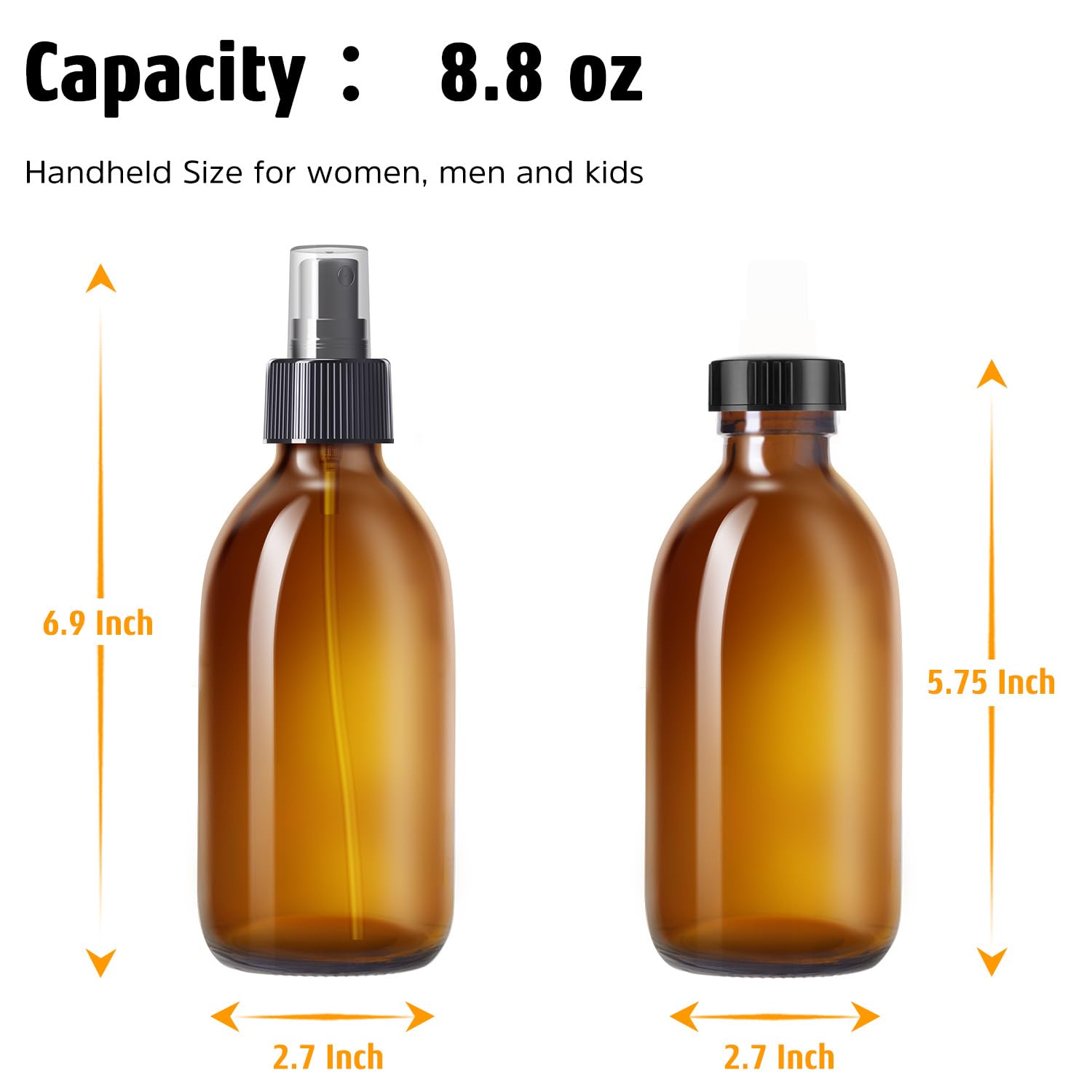 Tecohouse Amber Glass Spray Bottles 8.8 Oz, 2 Pack Empty Spray Bottle For Essential Oils, Small Glass Bottles For Cleaning Solut