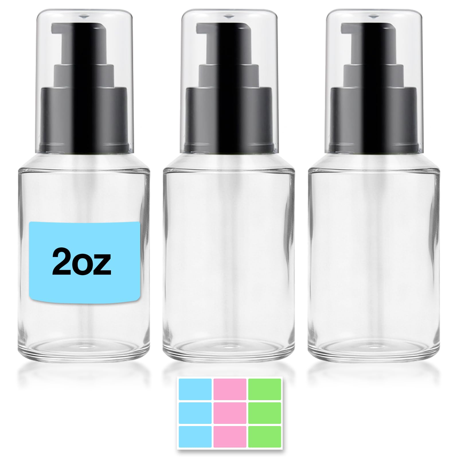 3PCS 60ML/2OZ Empty Clear Glass Bottles with Pump Refillable Vial Cosmetic Dispenser Jars Storage Travel Lotion Container Portab