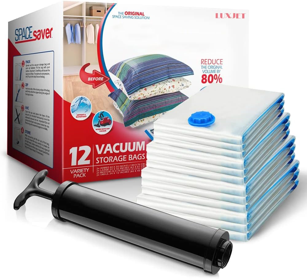 Luxjet 12Pack Variety Vacuum Storage Bags For Comforters, Blankets & Clothes  Vacuum Sealed Compression Bags With Hand Pump  