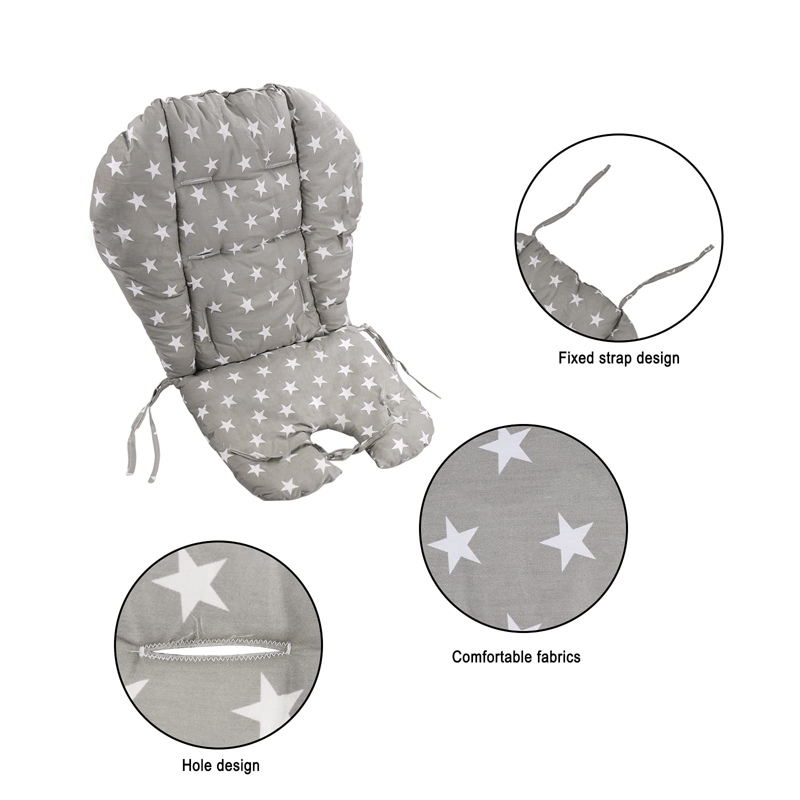 Kocpudu High Chair Pad - Soft Cotton Cushion, 1 Count, Gray Stars Pattern, Comfortable and Breathable for Baby Dining Chairs