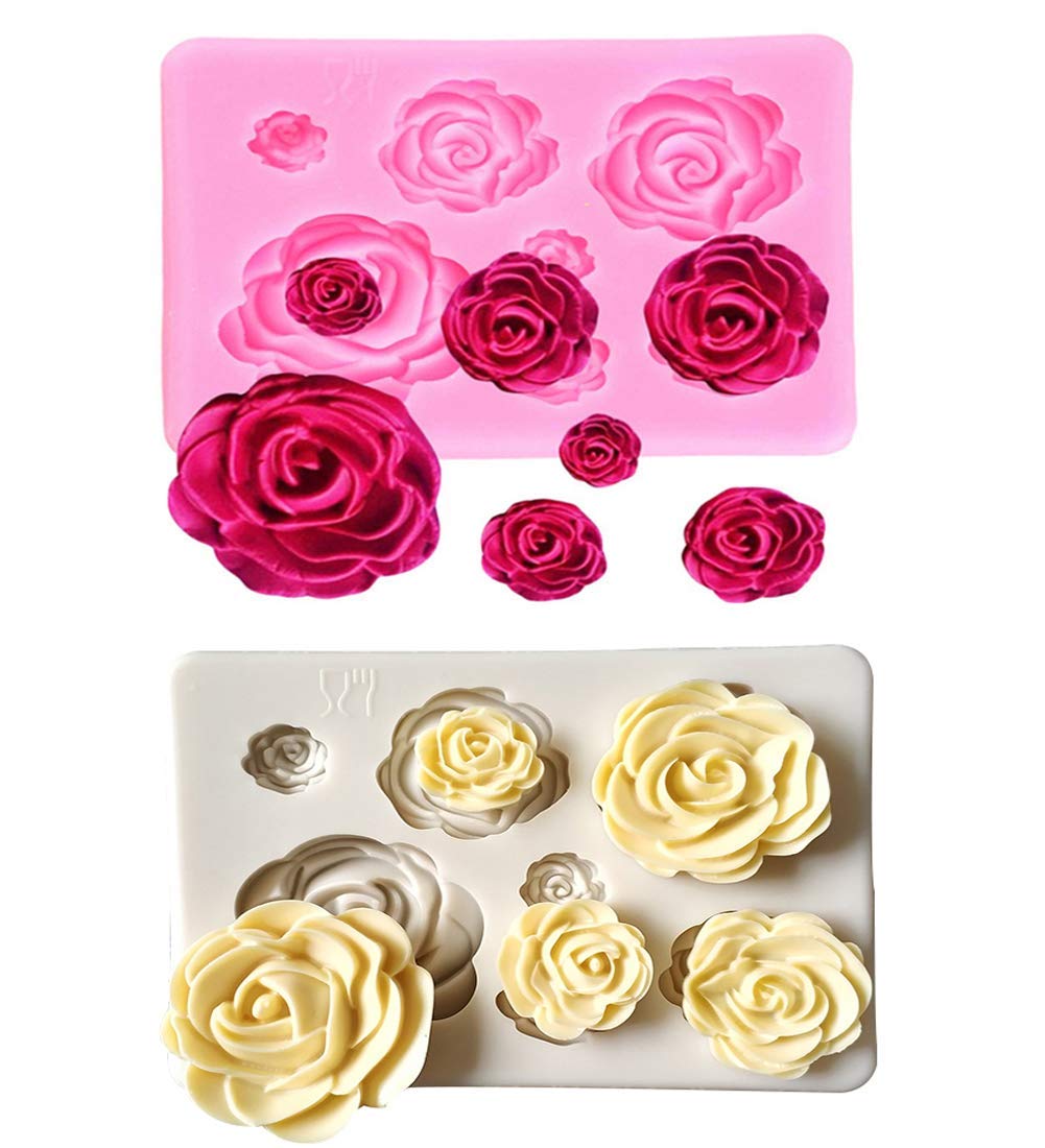 Anekoul 2Pcs Rose Flowers Silicone Molds Cake Chocolate Mold Wedding Cake Decorating Tools Fondant Sugarcraft Cake Molds